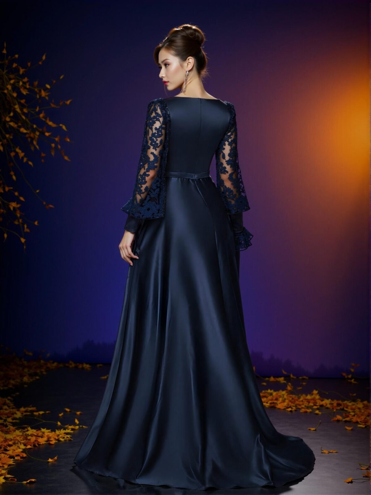 Elegant Navy Blue Long Sleeve Sequin Patchwork Satin Dress with Detachable Belt for Weddings, Parties, Vacations, Graduations, Proms, and Formal Events, Perfect for party, prom, graduation day, and ceremony for university, college, and high school, Formal Evening Dinner Cocktail, Wedding Guest Gown, Chic, Classy and Trendy Fashion Style to Dress to Impress. - Image 2