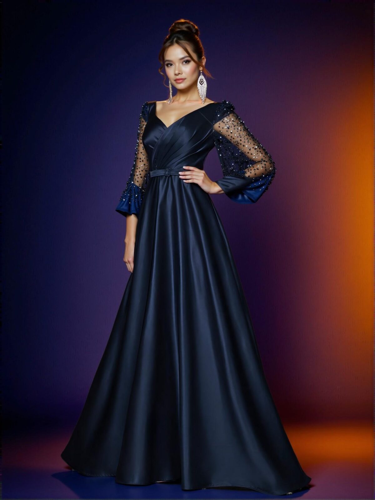Elegant Navy Blue Long Sleeve Sequin Patchwork Satin Dress with Detachable Belt for Weddings, Parties, Vacations, Graduations, Proms, and Formal Events, Perfect for party, prom, graduation day, and ceremony for university, college, and high school, Formal Evening Dinner Cocktail, Wedding Guest Gown, Chic, Classy and Trendy Fashion Style to Dress to Impress. - Image 3