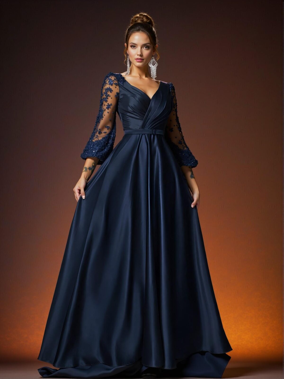 Elegant Navy Blue Long Sleeve Sequin Patchwork Satin Dress with Detachable Belt for Weddings, Parties, Vacations, Graduations, Proms, and Formal Events, Perfect for party, prom, graduation day, and ceremony for university, college, and high school, Formal Evening Dinner Cocktail, Wedding Guest Gown, Chic, Classy and Trendy Fashion Style to Dress to Impress. - Image 5
