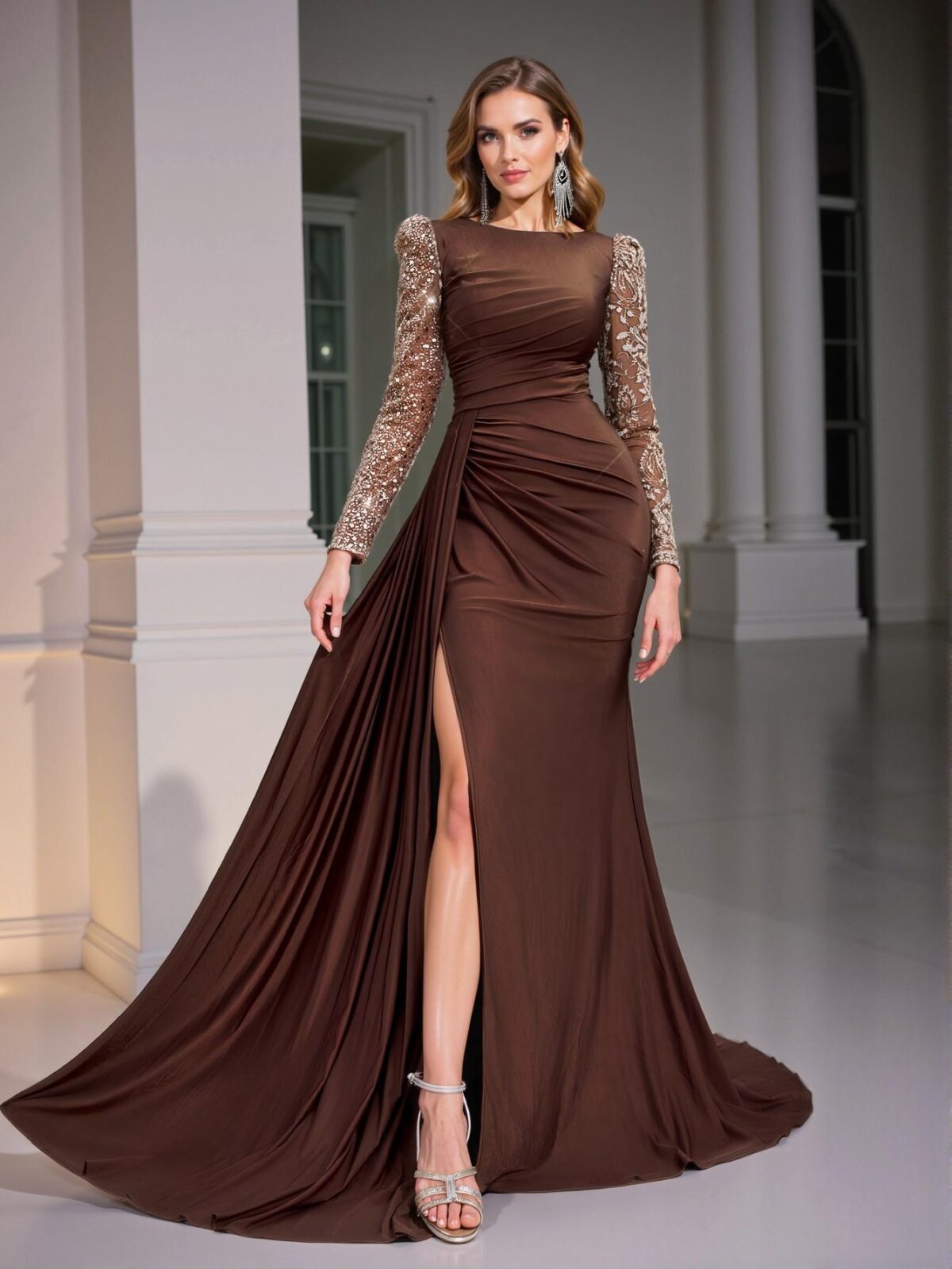 Elegant Coffee Brown Stunning Fishtail Maxi Dress with Sequins and Embroidery, Ideal for Birthdays, Weddings, Parties, and Special Events. Perfect for party, prom, graduation day, and ceremony for university, college, and high school, Formal Evening Dinner Cocktail, Wedding Guest Gown, Chic, Classy and Trendy Fashion Style to Dress to Impress. - Image 2