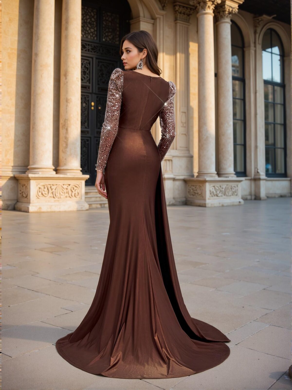 Elegant Coffee Brown Stunning Fishtail Maxi Dress with Sequins and Embroidery, Ideal for Birthdays, Weddings, Parties, and Special Events. Perfect for party, prom, graduation day, and ceremony for university, college, and high school, Formal Evening Dinner Cocktail, Wedding Guest Gown, Chic, Classy and Trendy Fashion Style to Dress to Impress. - Image 3