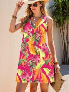 Elegant Hot Pink Boho-Inspired Tropical Plant and Hibiscus Print Casual Loose Suspender Dress, Plus Size, Ideal for Spring and Summer "Chic, Classy and Trendy Fashion Style to Dress to Impress"