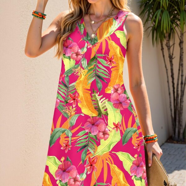 Elegant Hot Pink Boho-Inspired Tropical Plant and Hibiscus Print Casual Loose Suspender Dress, Plus Size, Ideal for Spring and Summer "Chic, Classy and Trendy Fashion Style to Dress to Impress"