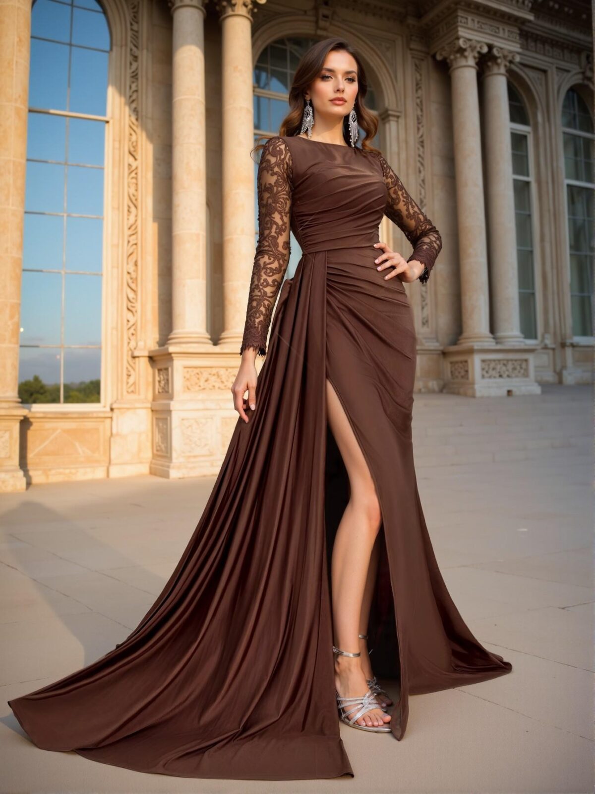 Elegant Coffee Brown Stunning Fishtail Maxi Dress with Sequins and Embroidery, Ideal for Birthdays, Weddings, Parties, and Special Events. Perfect for party, prom, graduation day, and ceremony for university, college, and high school, Formal Evening Dinner Cocktail, Wedding Guest Gown, Chic, Classy and Trendy Fashion Style to Dress to Impress. - Image 4