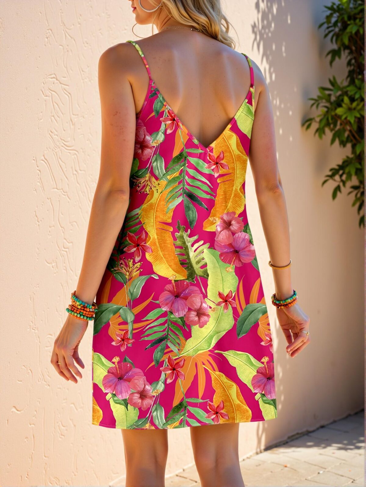 Elegant Hot Pink Boho-Inspired Tropical Plant and Hibiscus Print Casual Loose Suspender Dress, Plus Size, Ideal for Spring and Summer "Chic, Classy and Trendy Fashion Style to Dress to Impress" - Image 2