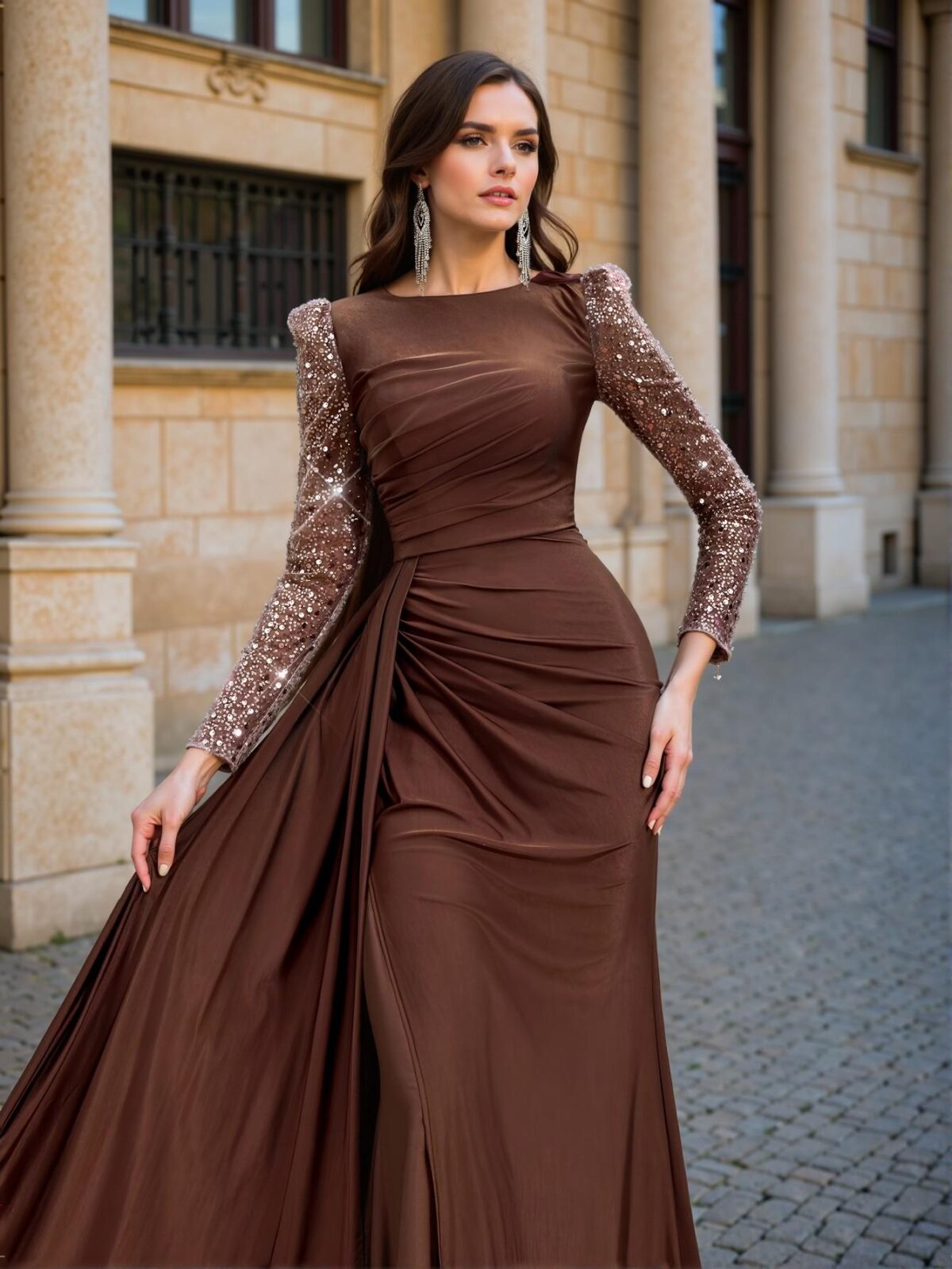 Elegant Coffee Brown Stunning Fishtail Maxi Dress with Sequins and Embroidery, Ideal for Birthdays, Weddings, Parties, and Special Events. Perfect for party, prom, graduation day, and ceremony for university, college, and high school, Formal Evening Dinner Cocktail, Wedding Guest Gown, Chic, Classy and Trendy Fashion Style to Dress to Impress. - Image 5