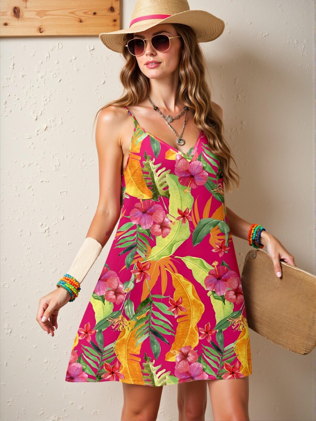 Elegant Hot Pink Boho-Inspired Tropical Plant and Hibiscus Print Casual Loose Suspender Dress, Plus Size, Ideal for Spring and Summer "Chic, Classy and Trendy Fashion Style to Dress to Impress" - Image 5