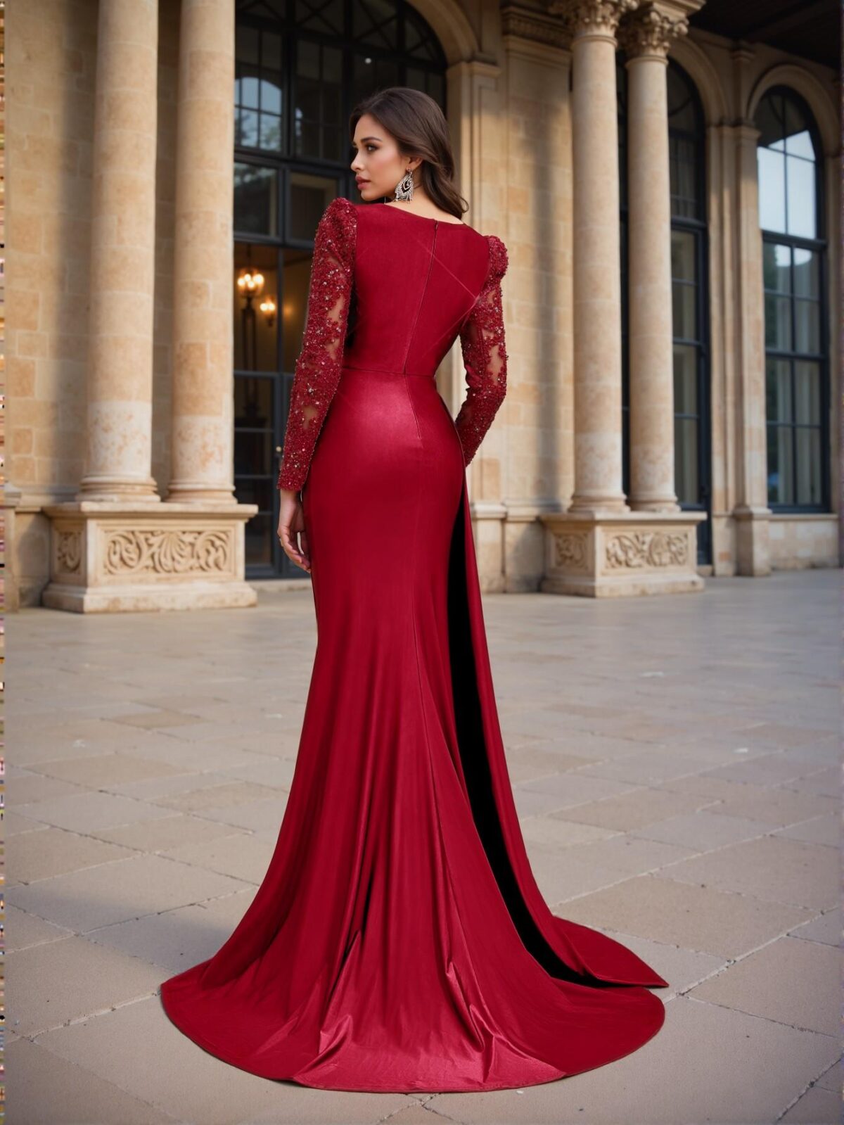 Elegant Burgundy Premium Beaded Embroidery Splice Elastic Knitted Round Neck Ruched Sheer Long Sleeve Fitted Fish Tail High Slit Gown, Ideal for Formal Events, Date Nights, and Special Celebrations. Perfect for party, prom, graduation day, and ceremony for university, college, and high school, Formal Evening Dinner Cocktail, Wedding Guest Gown, Chic, Classy and Trendy Fashion Style to Dress to Impress. - Image 2