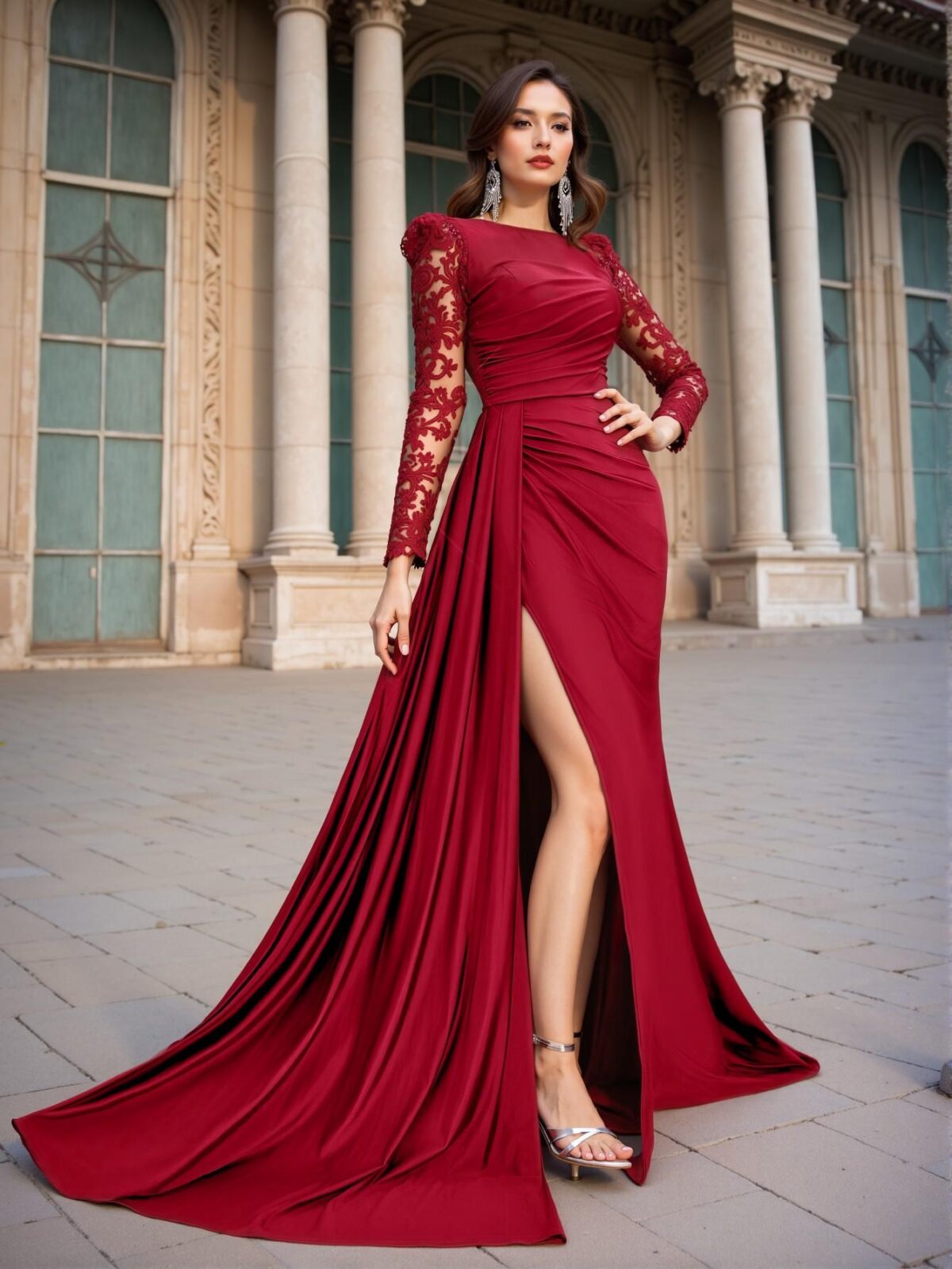 Elegant Burgundy Premium Beaded Embroidery Splice Elastic Knitted Round Neck Ruched Sheer Long Sleeve Fitted Fish Tail High Slit Gown, Ideal for Formal Events, Date Nights, and Special Celebrations. Perfect for party, prom, graduation day, and ceremony for university, college, and high school, Formal Evening Dinner Cocktail, Wedding Guest Gown, Chic, Classy and Trendy Fashion Style to Dress to Impress. - Image 3