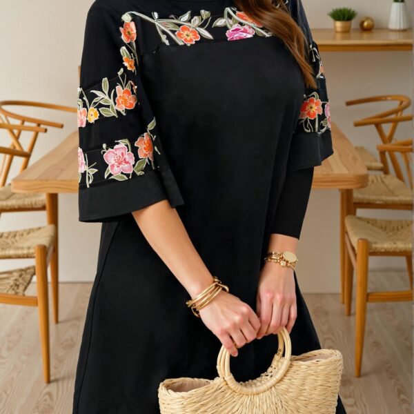 Elegant Black Chic Plus Size Asymmetrical Mesh Patchwork Soft Knit Dress with Flounce Sleeves, Perfect for Casual Outings, Vacations, and Commuting in Spring and Summer - Chic, Classy and Trendy Fashion Style to Dress to Impress