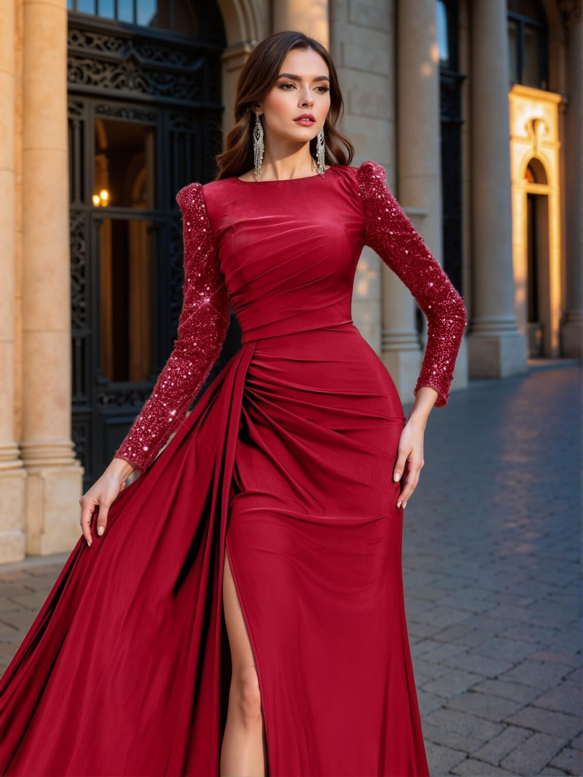 Elegant Burgundy Premium Beaded Embroidery Splice Elastic Knitted Round Neck Ruched Sheer Long Sleeve Fitted Fish Tail High Slit Gown, Ideal for Formal Events, Date Nights, and Special Celebrations. Perfect for party, prom, graduation day, and ceremony for university, college, and high school, Formal Evening Dinner Cocktail, Wedding Guest Gown, Chic, Classy and Trendy Fashion Style to Dress to Impress. - Image 4
