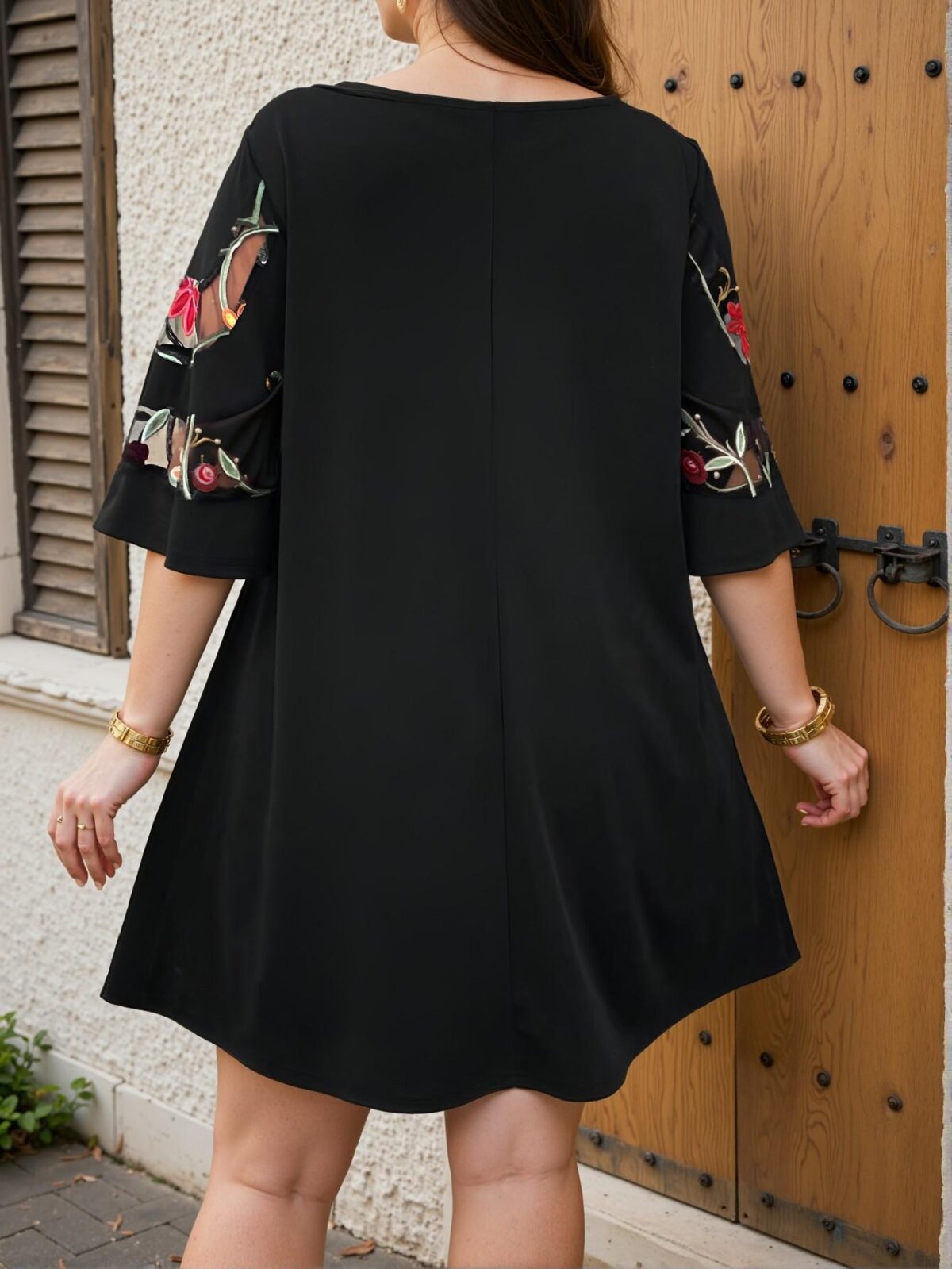 Elegant Black Chic Plus Size Asymmetrical Mesh Patchwork Soft Knit Dress with Flounce Sleeves, Perfect for Casual Outings, Vacations, and Commuting in Spring and Summer - Chic, Classy and Trendy Fashion Style to Dress to Impress - Image 2