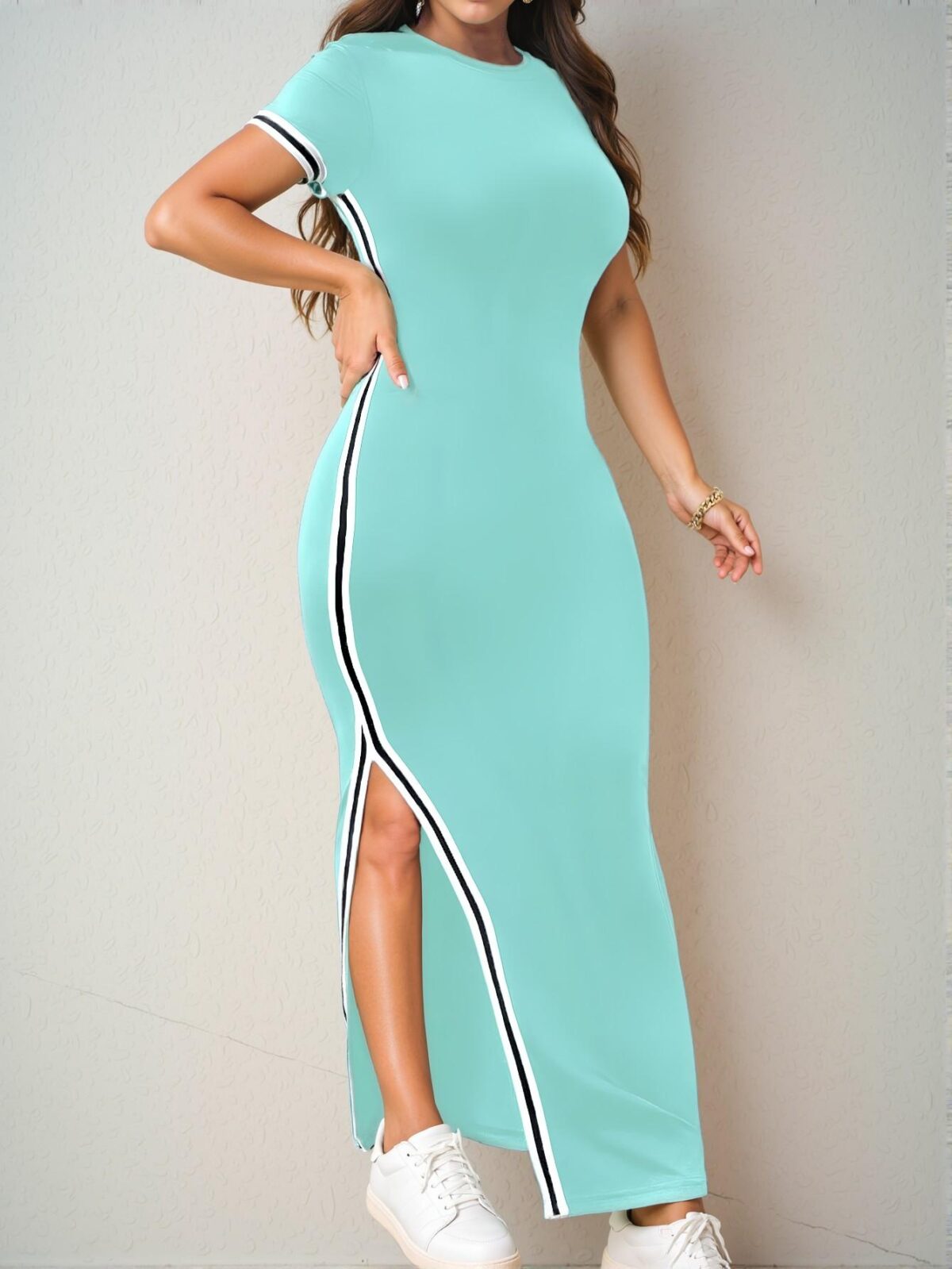 Elegant Blue Slim Fit Round-Neck Colorblock Contrast Trim Maxi Dress for Spring and Summer "Chic, Classy and Trendy Fashion Style to Dress to Impress"