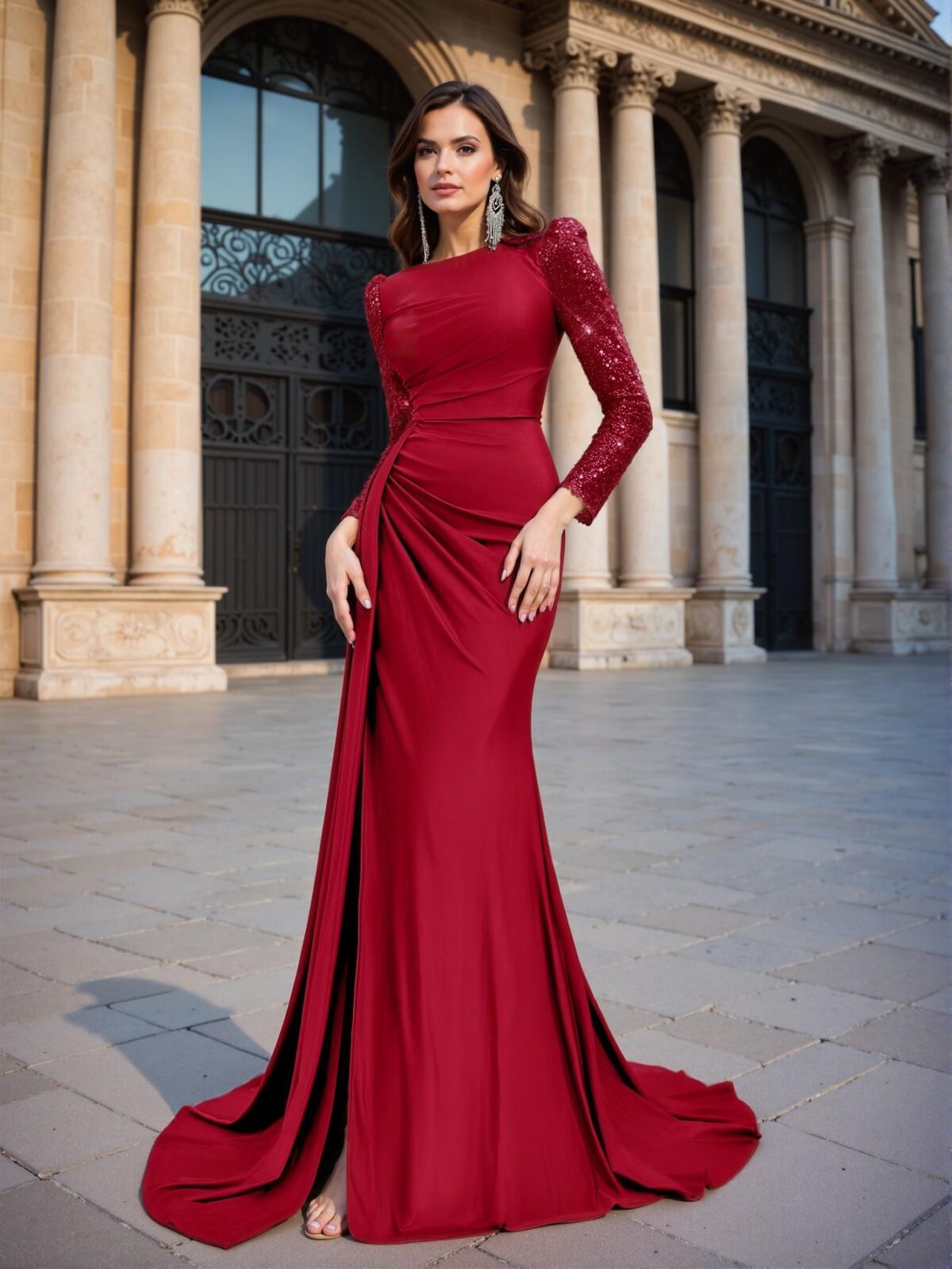 Elegant Burgundy Premium Beaded Embroidery Splice Elastic Knitted Round Neck Ruched Sheer Long Sleeve Fitted Fish Tail High Slit Gown, Ideal for Formal Events, Date Nights, and Special Celebrations. Perfect for party, prom, graduation day, and ceremony for university, college, and high school, Formal Evening Dinner Cocktail, Wedding Guest Gown, Chic, Classy and Trendy Fashion Style to Dress to Impress. - Image 5