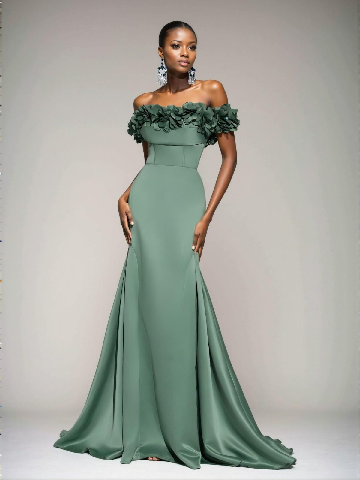 Elegant Army Green Luxurious Off-Shoulder Maxi Dress with 3D Floral Details, Backless Tie-Up Fishtail Hem, Ideal for Weddings, Events, and Formal Occasions. Perfect for party, prom, graduation day, and ceremony for university, college, and high school, Formal Evening Dinner Cocktail, Wedding Guest Gown, Chic, Classy and Trendy Fashion Style to Dress to Impress.