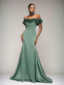 Elegant Army Green Luxurious Off-Shoulder Maxi Dress with 3D Floral Details, Backless Tie-Up Fishtail Hem, Ideal for Weddings, Events, and Formal Occasions. Perfect for party, prom, graduation day, and ceremony for university, college, and high school, Formal Evening Dinner Cocktail, Wedding Guest Gown, Chic, Classy and Trendy Fashion Style to Dress to Impress.