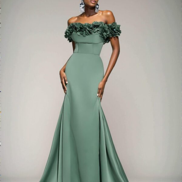 Elegant Army Green Luxurious Off-Shoulder Maxi Dress with 3D Floral Details, Backless Tie-Up Fishtail Hem, Ideal for Weddings, Events, and Formal Occasions. Perfect for party, prom, graduation day, and ceremony for university, college, and high school, Formal Evening Dinner Cocktail, Wedding Guest Gown, Chic, Classy and Trendy Fashion Style to Dress to Impress.