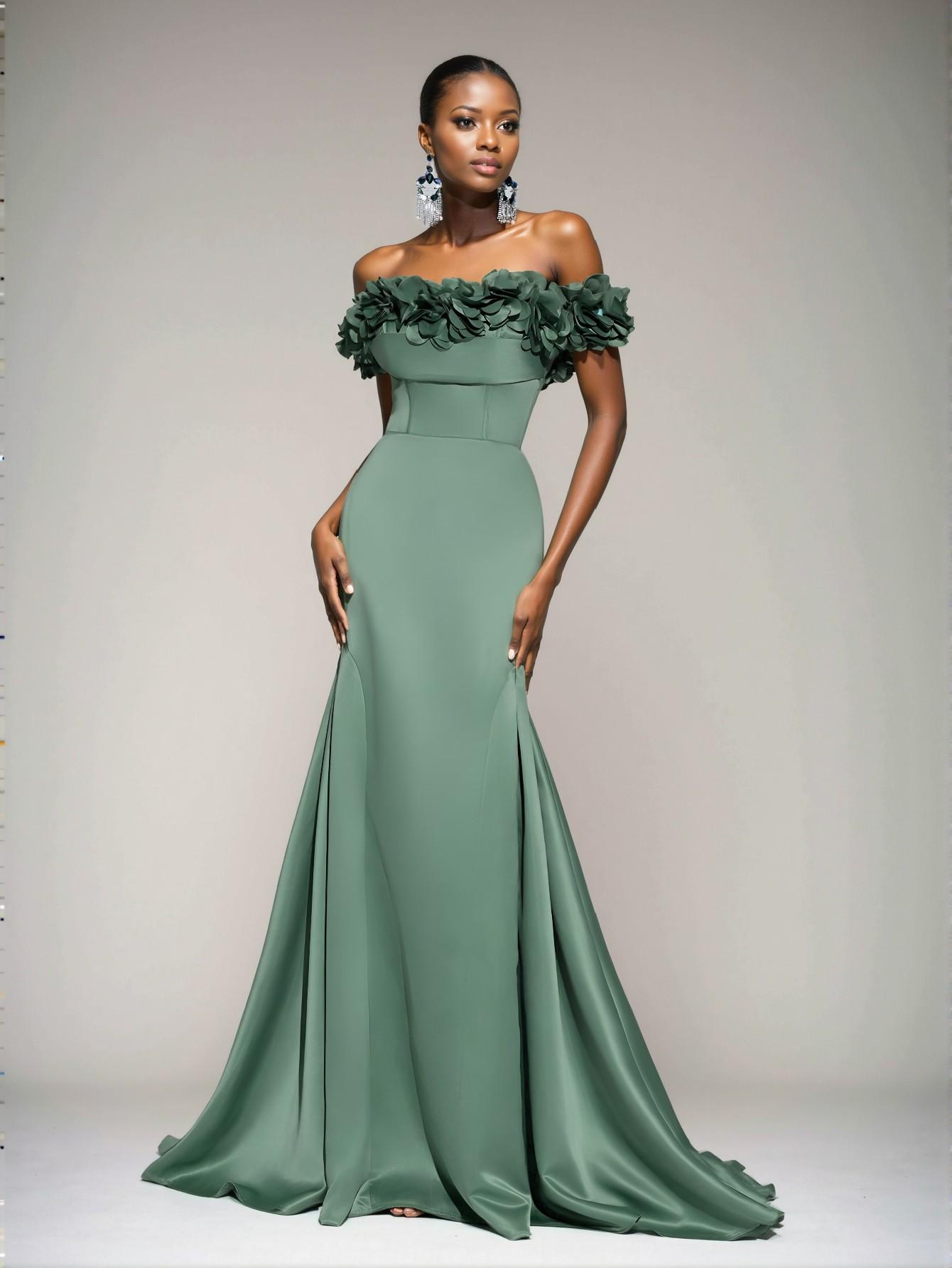 Elegant Army Green Luxurious Off-Shoulder Maxi Dress with 3D Floral Details, Backless Tie-Up Fishtail Hem, Ideal for Weddings, Events, and Formal Occasions. Perfect for party, prom, graduation day, and ceremony for university, college, and high school, Formal Evening Dinner Cocktail, Wedding Guest Gown, Chic, Classy and Trendy Fashion Style to Dress to Impress.