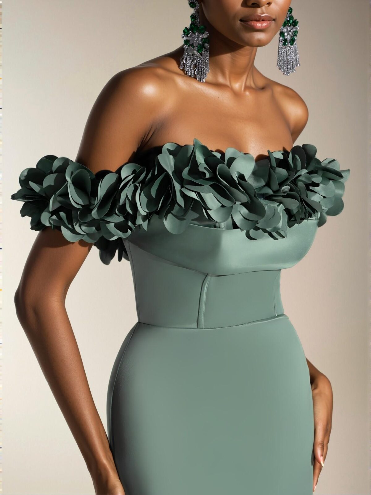Elegant Army Green Luxurious Off-Shoulder Maxi Dress with 3D Floral Details, Backless Tie-Up Fishtail Hem, Ideal for Weddings, Events, and Formal Occasions. Perfect for party, prom, graduation day, and ceremony for university, college, and high school, Formal Evening Dinner Cocktail, Wedding Guest Gown, Chic, Classy and Trendy Fashion Style to Dress to Impress. - Image 2