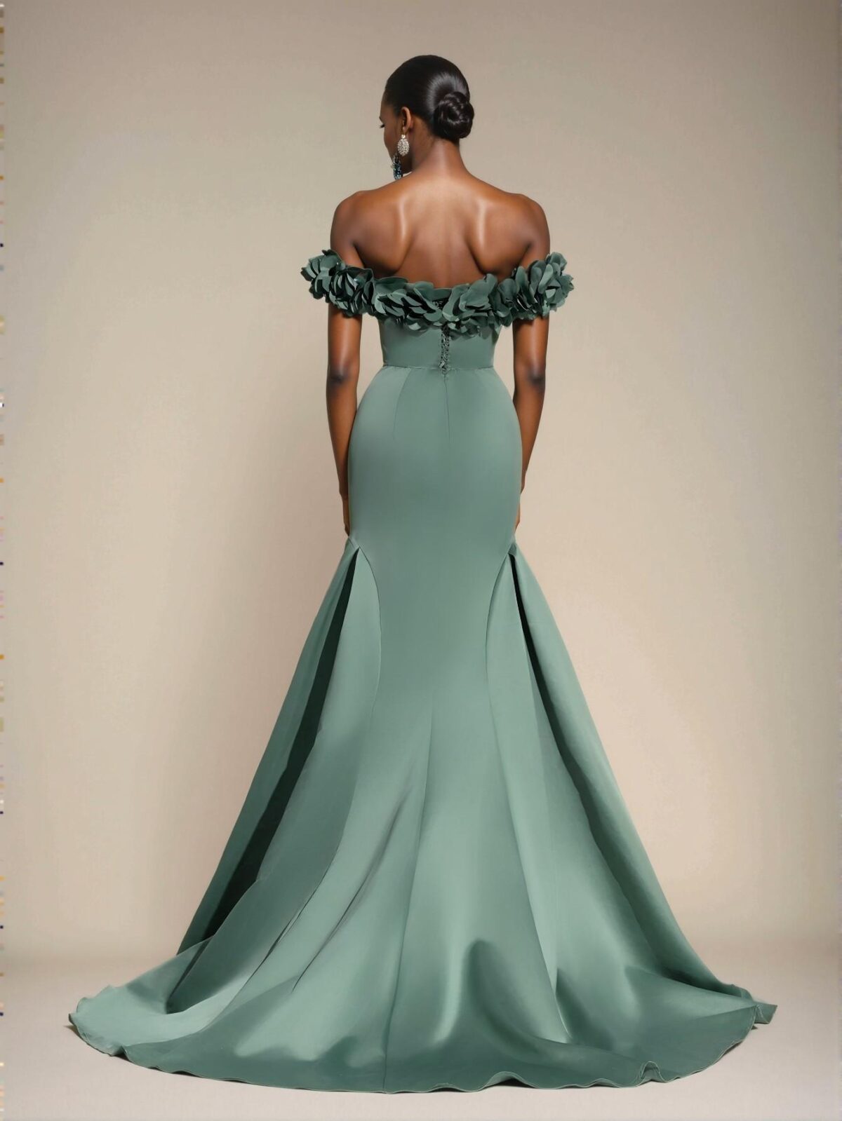 Elegant Army Green Luxurious Off-Shoulder Maxi Dress with 3D Floral Details, Backless Tie-Up Fishtail Hem, Ideal for Weddings, Events, and Formal Occasions. Perfect for party, prom, graduation day, and ceremony for university, college, and high school, Formal Evening Dinner Cocktail, Wedding Guest Gown, Chic, Classy and Trendy Fashion Style to Dress to Impress. - Image 3