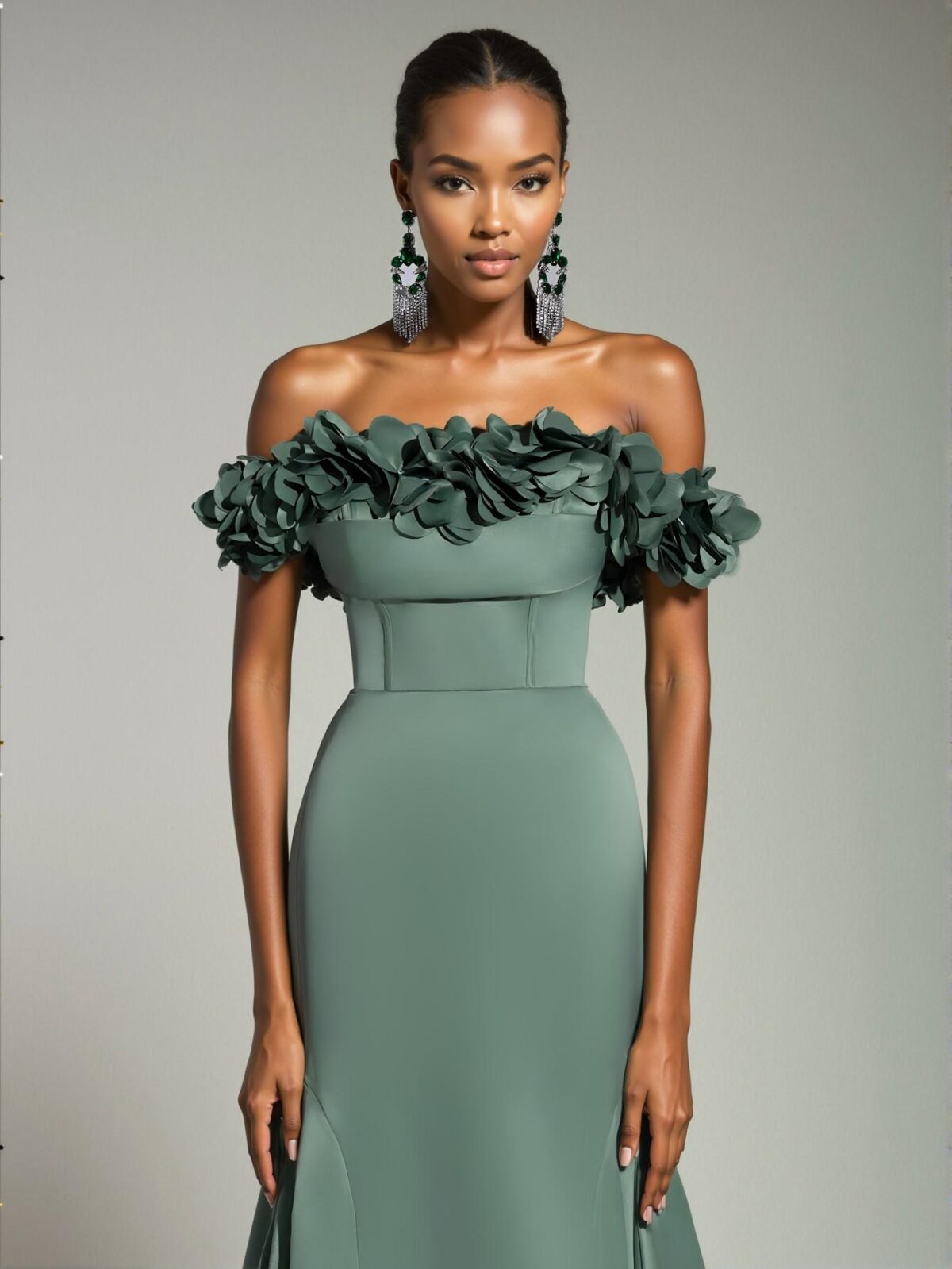 Elegant Army Green Luxurious Off-Shoulder Maxi Dress with 3D Floral Details, Backless Tie-Up Fishtail Hem, Ideal for Weddings, Events, and Formal Occasions. Perfect for party, prom, graduation day, and ceremony for university, college, and high school, Formal Evening Dinner Cocktail, Wedding Guest Gown, Chic, Classy and Trendy Fashion Style to Dress to Impress. - Image 4