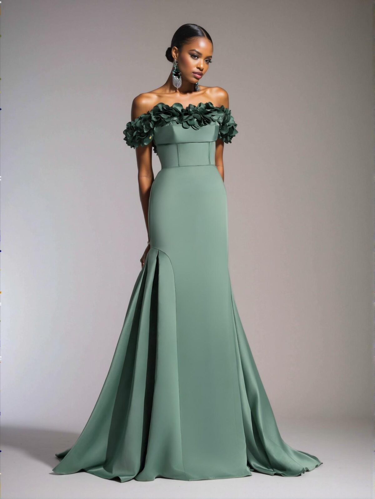 Elegant Army Green Luxurious Off-Shoulder Maxi Dress with 3D Floral Details, Backless Tie-Up Fishtail Hem, Ideal for Weddings, Events, and Formal Occasions. Perfect for party, prom, graduation day, and ceremony for university, college, and high school, Formal Evening Dinner Cocktail, Wedding Guest Gown, Chic, Classy and Trendy Fashion Style to Dress to Impress. - Image 5