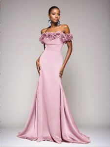 Elegant Baby Pink Stunning Off Shoulder Ruched Satin Dress with 3D Floral Detailing and Lace-Up Mermaid Hem, Ideal for Weddings, Parties, Proms, and Banquets, Perfect for party, prom, graduation day, and ceremony for university, college, and high school, Formal Evening Dinner Cocktail, Wedding Guest Gown, Chic, Classy and Trendy Fashion Style to Dress to Impress.
