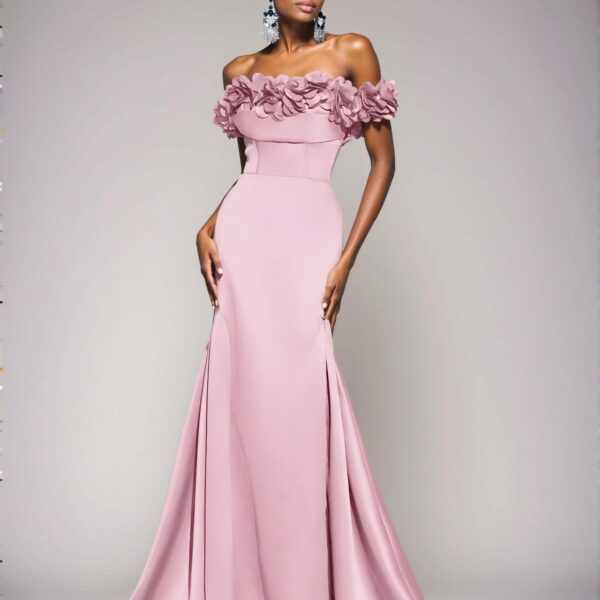 Elegant Baby Pink Stunning Off Shoulder Ruched Satin Dress with 3D Floral Detailing and Lace-Up Mermaid Hem, Ideal for Weddings, Parties, Proms, and Banquets, Perfect for party, prom, graduation day, and ceremony for university, college, and high school, Formal Evening Dinner Cocktail, Wedding Guest Gown, Chic, Classy and Trendy Fashion Style to Dress to Impress.