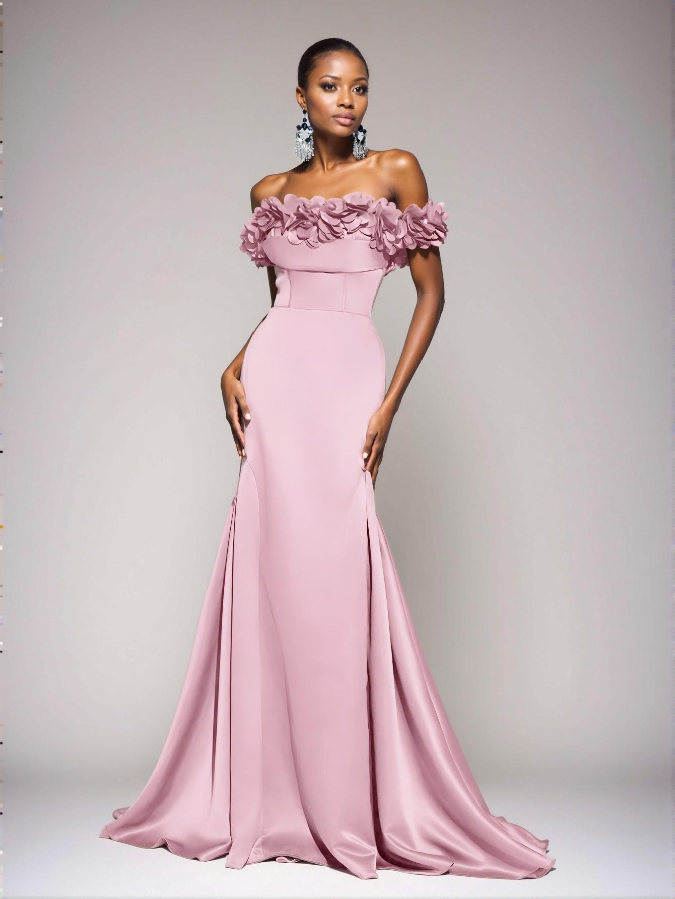Elegant Baby Pink Stunning Off Shoulder Ruched Satin Dress with 3D Floral Detailing and Lace-Up Mermaid Hem, Ideal for Weddings, Parties, Proms, and Banquets, Perfect for party, prom, graduation day, and ceremony for university, college, and high school, Formal Evening Dinner Cocktail, Wedding Guest Gown, Chic, Classy and Trendy Fashion Style to Dress to Impress.