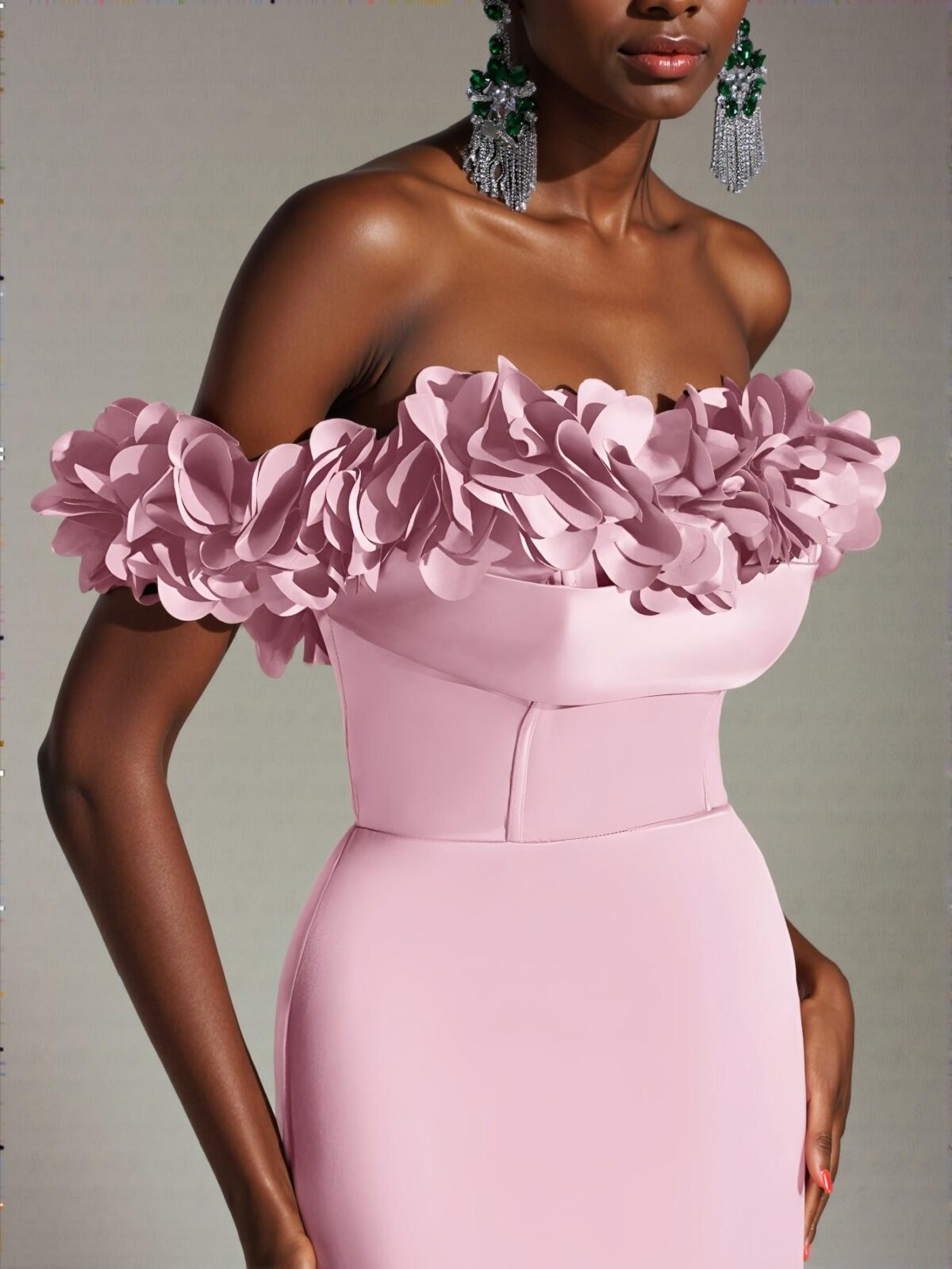 Elegant Baby Pink Stunning Off Shoulder Ruched Satin Dress with 3D Floral Detailing and Lace-Up Mermaid Hem, Ideal for Weddings, Parties, Proms, and Banquets, Perfect for party, prom, graduation day, and ceremony for university, college, and high school, Formal Evening Dinner Cocktail, Wedding Guest Gown, Chic, Classy and Trendy Fashion Style to Dress to Impress. - Image 2