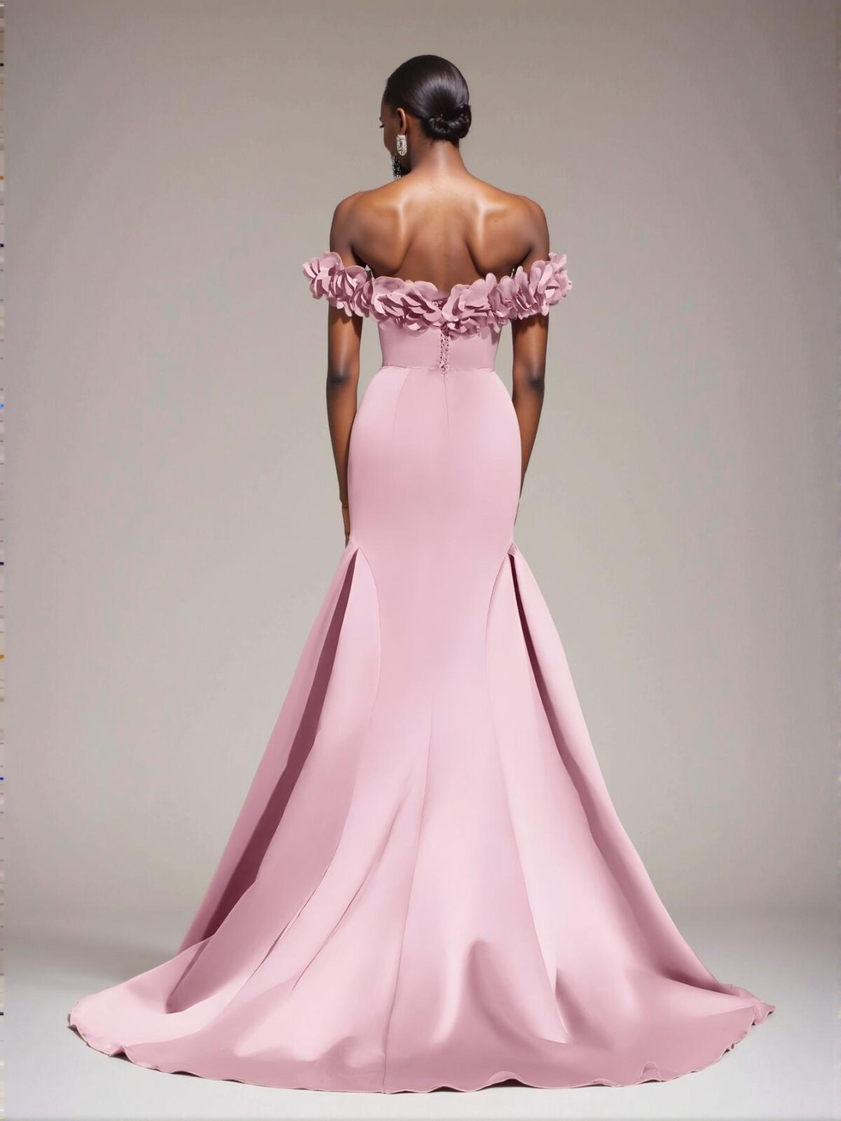 Elegant Baby Pink Stunning Off Shoulder Ruched Satin Dress with 3D Floral Detailing and Lace-Up Mermaid Hem, Ideal for Weddings, Parties, Proms, and Banquets, Perfect for party, prom, graduation day, and ceremony for university, college, and high school, Formal Evening Dinner Cocktail, Wedding Guest Gown, Chic, Classy and Trendy Fashion Style to Dress to Impress. - Image 3