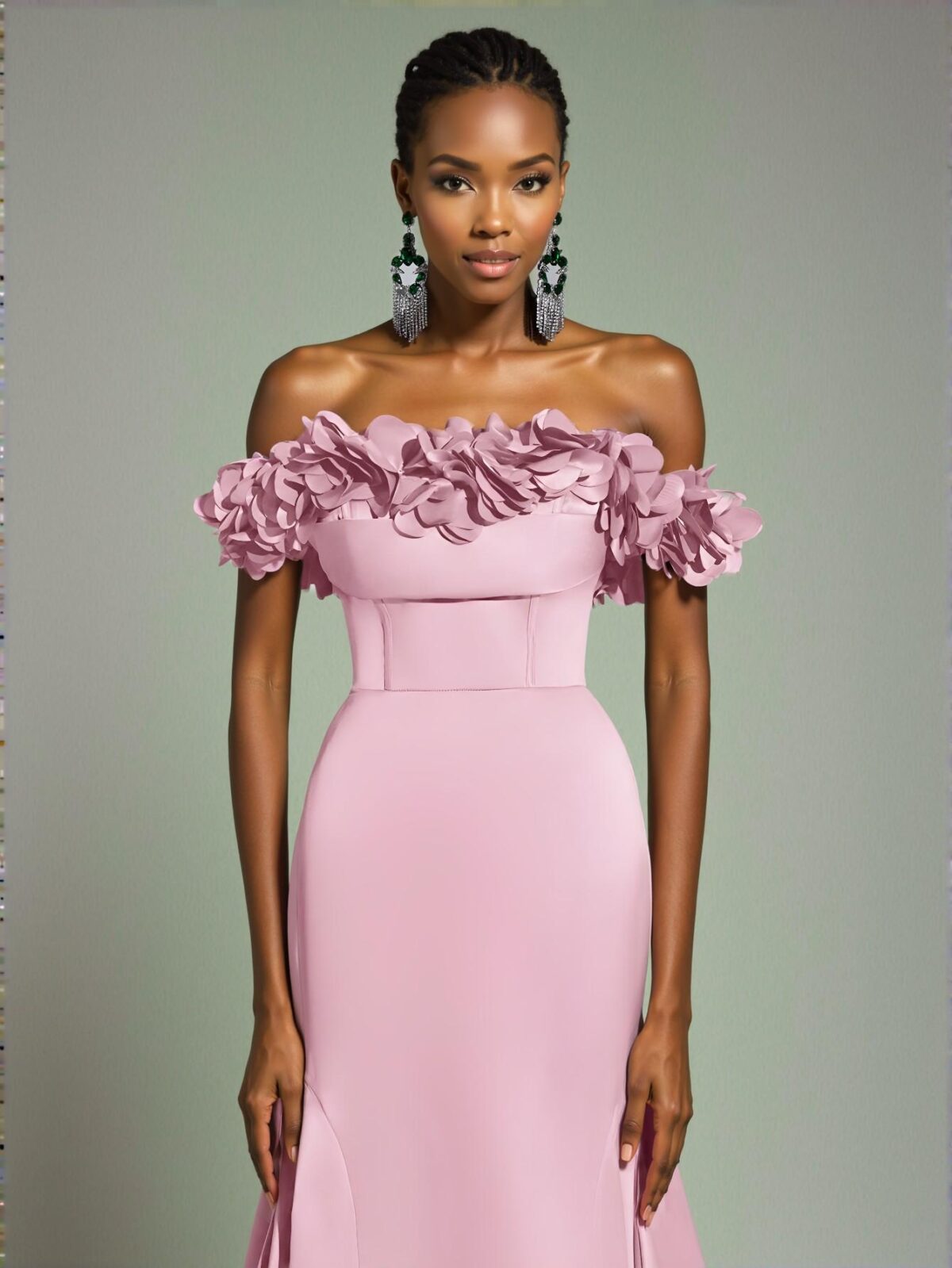 Elegant Baby Pink Stunning Off Shoulder Ruched Satin Dress with 3D Floral Detailing and Lace-Up Mermaid Hem, Ideal for Weddings, Parties, Proms, and Banquets, Perfect for party, prom, graduation day, and ceremony for university, college, and high school, Formal Evening Dinner Cocktail, Wedding Guest Gown, Chic, Classy and Trendy Fashion Style to Dress to Impress. - Image 4