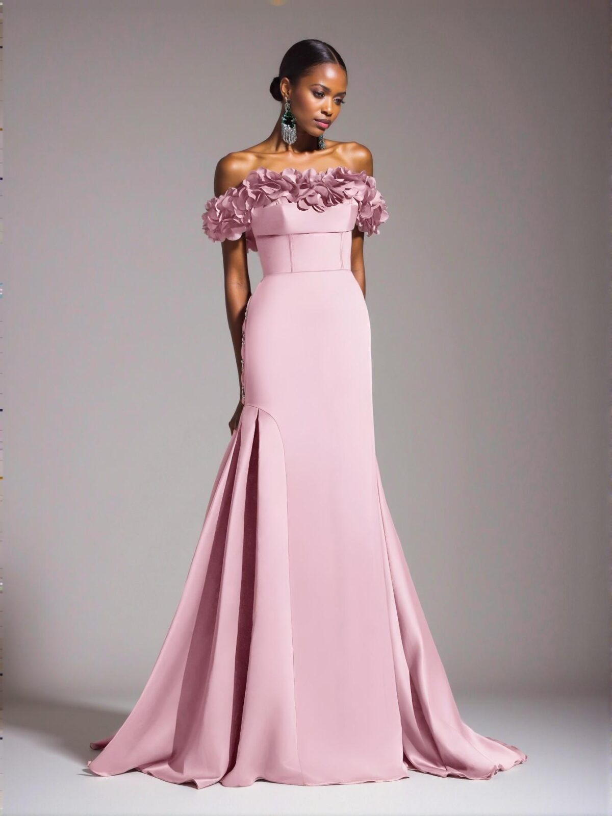 Elegant Baby Pink Stunning Off Shoulder Ruched Satin Dress with 3D Floral Detailing and Lace-Up Mermaid Hem, Ideal for Weddings, Parties, Proms, and Banquets, Perfect for party, prom, graduation day, and ceremony for university, college, and high school, Formal Evening Dinner Cocktail, Wedding Guest Gown, Chic, Classy and Trendy Fashion Style to Dress to Impress. - Image 5