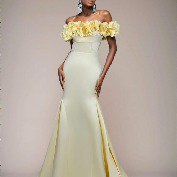 Elegant Light Yellow Ruched Back Lace-Up Fishtail Hem Dress with 3D Floral Satin, Ideal for Weddings, Parties, Vacations, and Formal Events. Perfect for party, prom, graduation day, and ceremony for university, college, and high school, Formal Evening Dinner Cocktail, Wedding Guest Gown, Chic, Classy and Trendy Fashion Style to Dress to Impress.