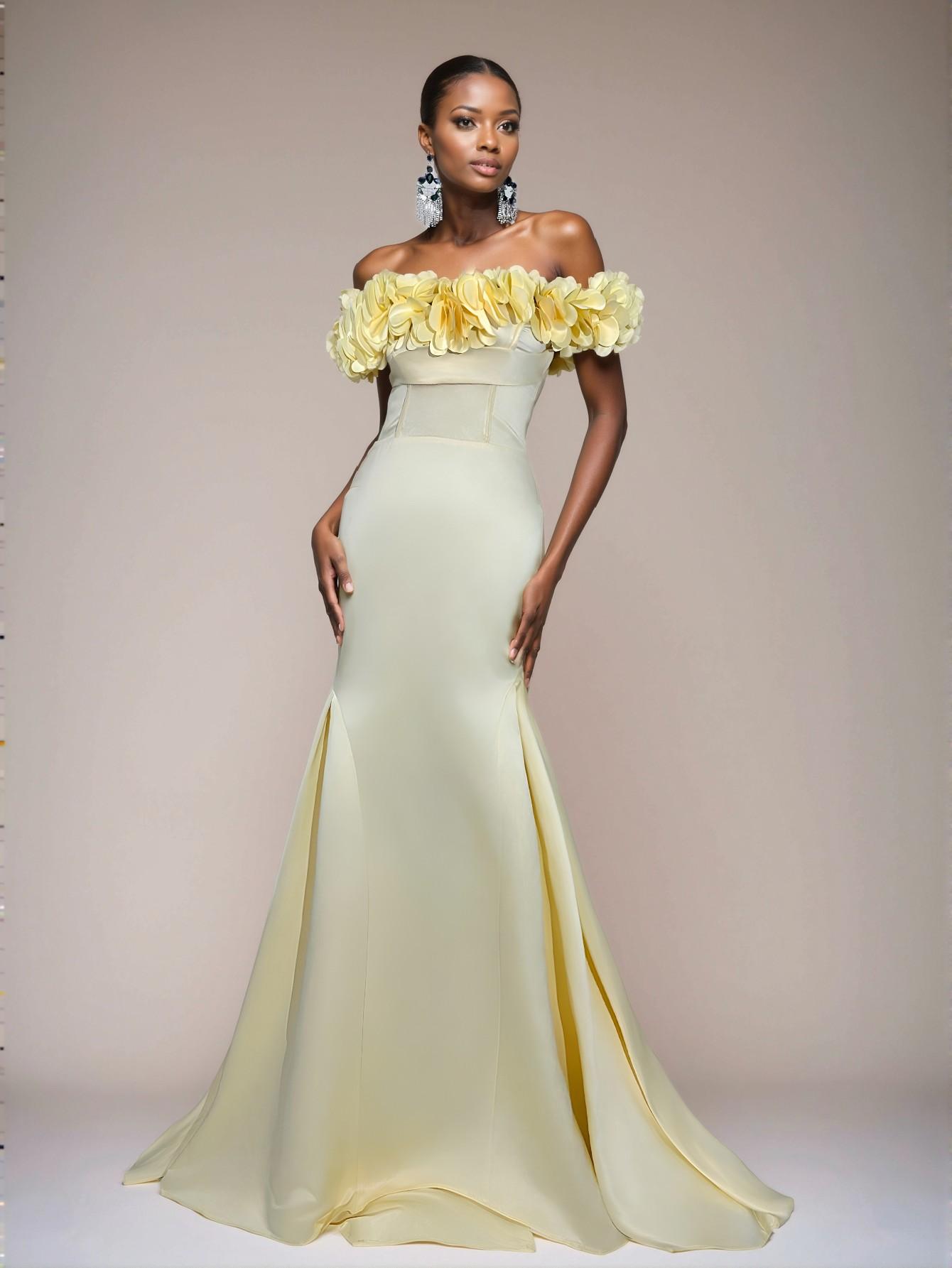 Elegant Light Yellow Ruched Back Lace-Up Fishtail Hem Dress with 3D Floral Satin, Ideal for Weddings, Parties, Vacations, and Formal Events. Perfect for party, prom, graduation day, and ceremony for university, college, and high school, Formal Evening Dinner Cocktail, Wedding Guest Gown, Chic, Classy and Trendy Fashion Style to Dress to Impress.