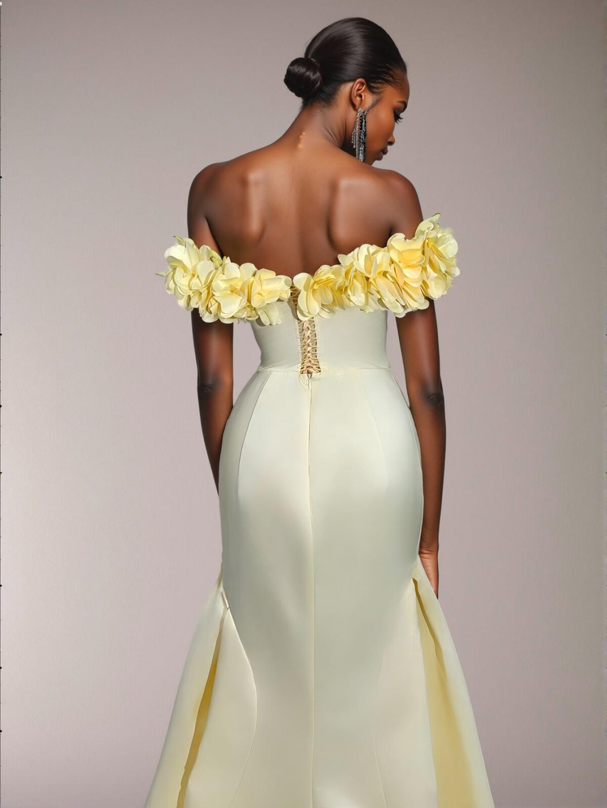 Elegant Light Yellow Ruched Back Lace-Up Fishtail Hem Dress with 3D Floral Satin, Ideal for Weddings, Parties, Vacations, and Formal Events. Perfect for party, prom, graduation day, and ceremony for university, college, and high school, Formal Evening Dinner Cocktail, Wedding Guest Gown, Chic, Classy and Trendy Fashion Style to Dress to Impress. - Image 2