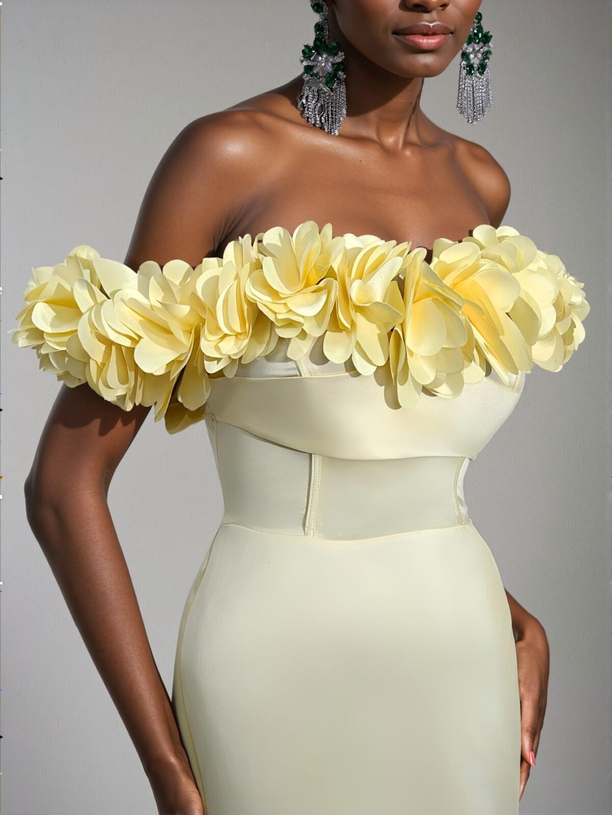 Elegant Light Yellow Ruched Back Lace-Up Fishtail Hem Dress with 3D Floral Satin, Ideal for Weddings, Parties, Vacations, and Formal Events. Perfect for party, prom, graduation day, and ceremony for university, college, and high school, Formal Evening Dinner Cocktail, Wedding Guest Gown, Chic, Classy and Trendy Fashion Style to Dress to Impress. - Image 3
