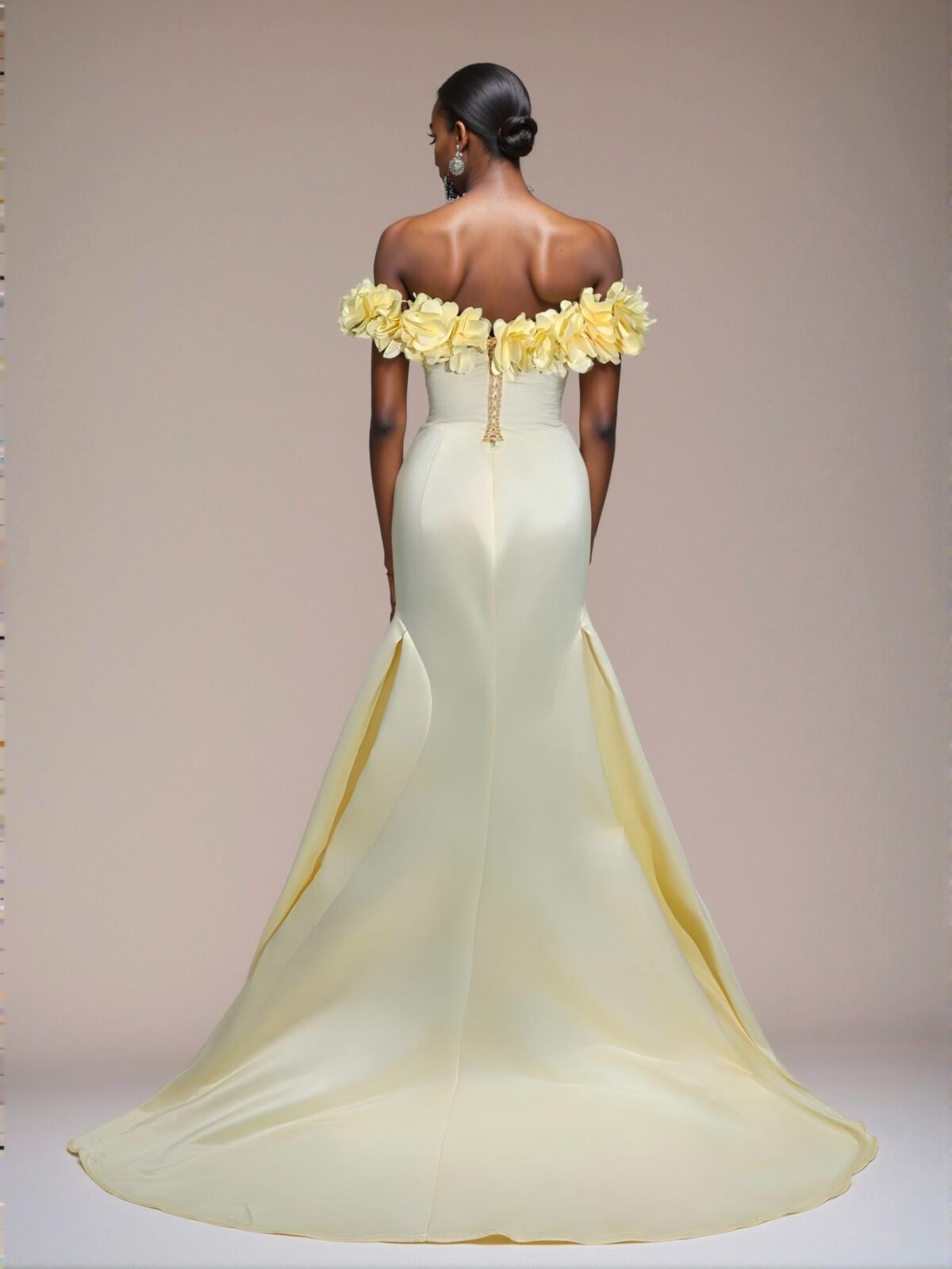 Elegant Light Yellow Ruched Back Lace-Up Fishtail Hem Dress with 3D Floral Satin, Ideal for Weddings, Parties, Vacations, and Formal Events. Perfect for party, prom, graduation day, and ceremony for university, college, and high school, Formal Evening Dinner Cocktail, Wedding Guest Gown, Chic, Classy and Trendy Fashion Style to Dress to Impress. - Image 4