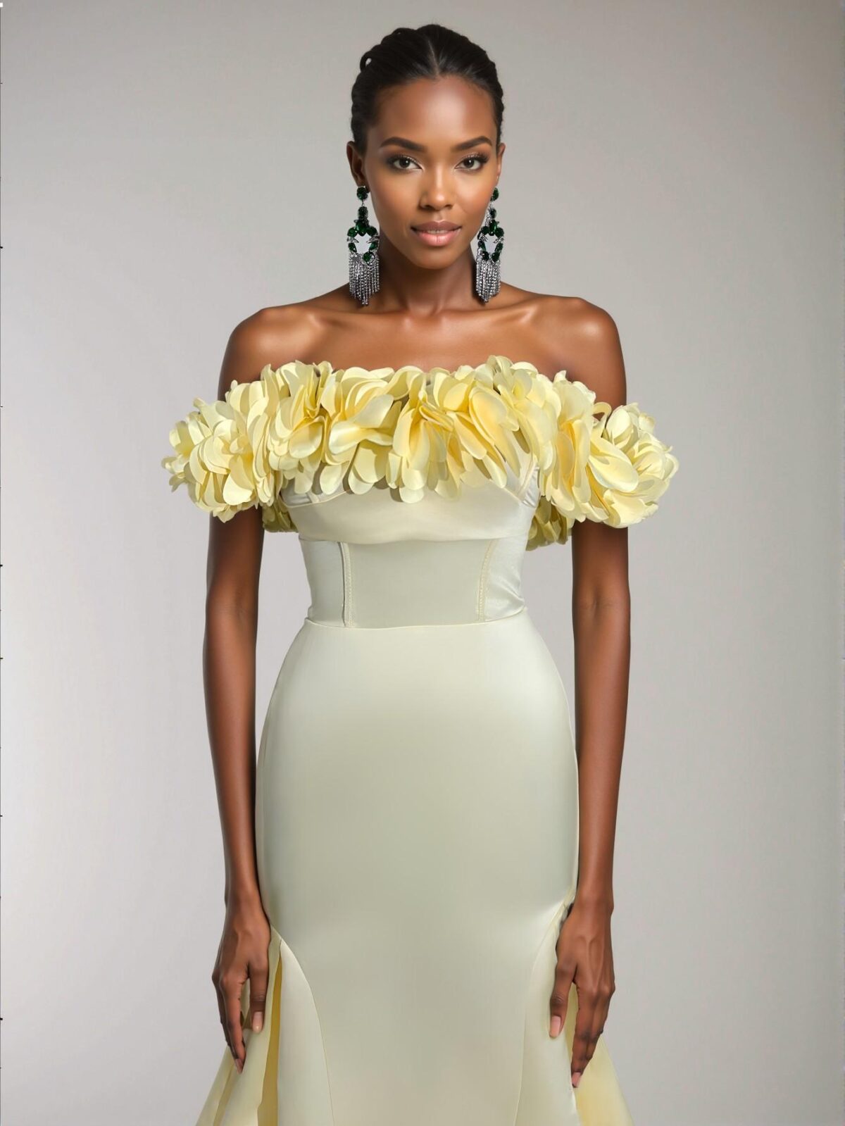 Elegant Light Yellow Ruched Back Lace-Up Fishtail Hem Dress with 3D Floral Satin, Ideal for Weddings, Parties, Vacations, and Formal Events. Perfect for party, prom, graduation day, and ceremony for university, college, and high school, Formal Evening Dinner Cocktail, Wedding Guest Gown, Chic, Classy and Trendy Fashion Style to Dress to Impress. - Image 5