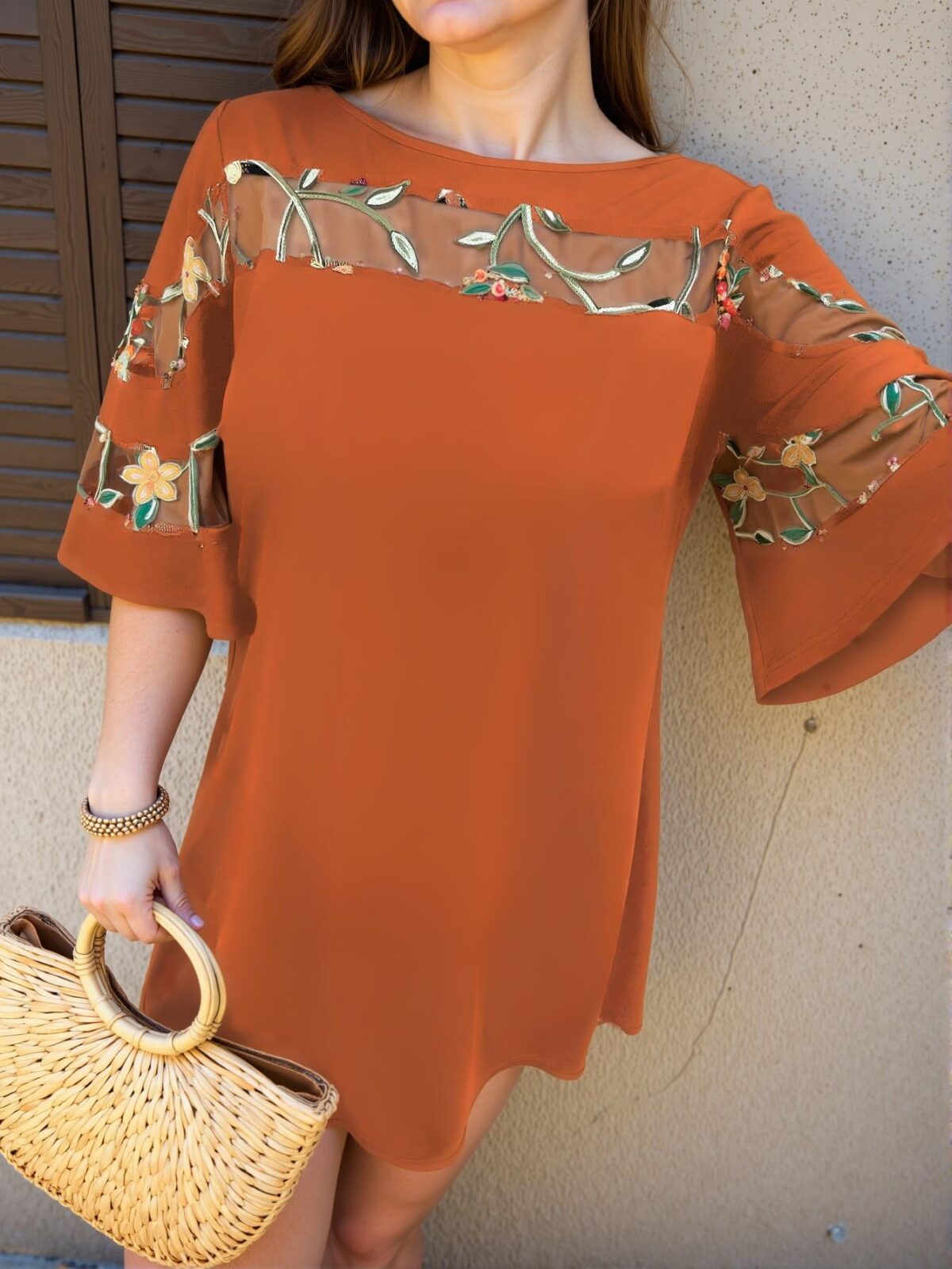 Elegant Orange A-Line Flounced Sleeve Midi Dress with Mesh and Embroidery Details for Outdoor, Vacation, and Work Wear "Chic, Classy and Trendy Fashion Style to Dress to Impress" - Image 5