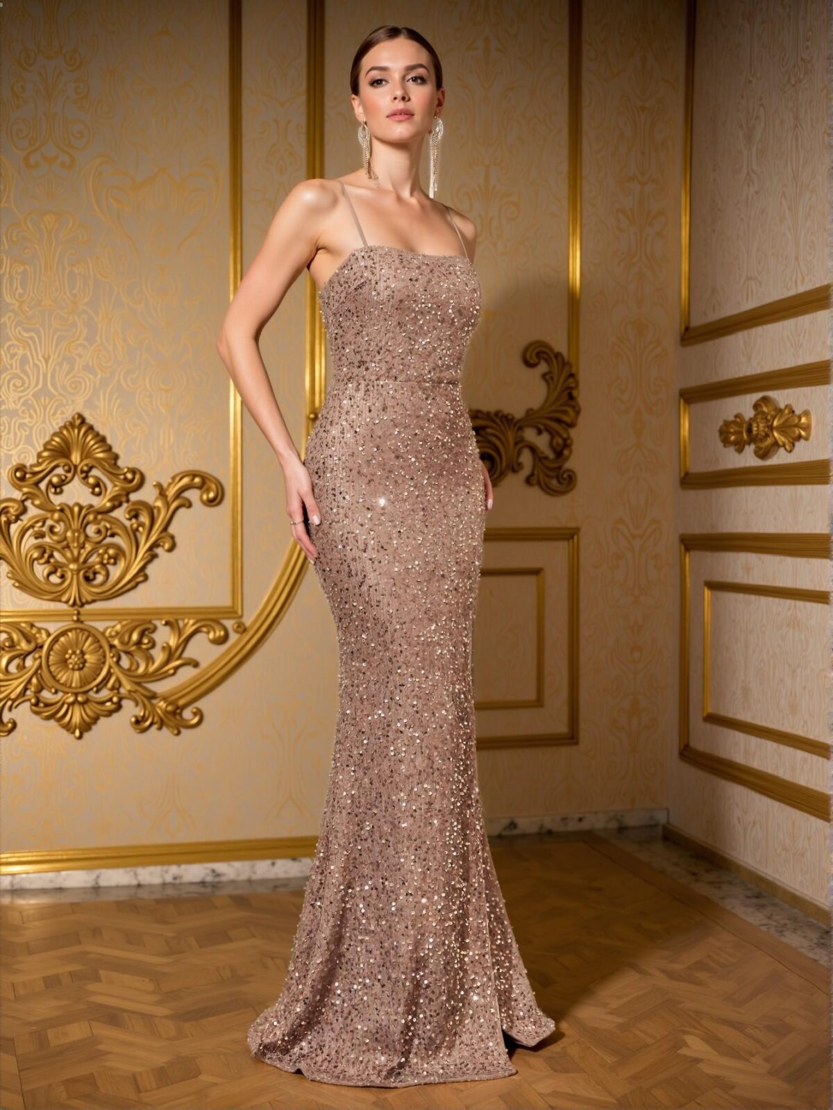 Elegant Champagne Sequined Backless Mermaid Gown with Dramatic Side Slit and Thin Straps – Sparkling Dress for Red Carpet Elegance and Opulent Evening Events Perfect for party, prom, graduation day, and ceremony for university, college, and high school, Formal Evening Dinner Cocktail, Wedding Guest Gown, Chic, Classy and Trendy Fashion Style to Dress to Impress. - Image 3