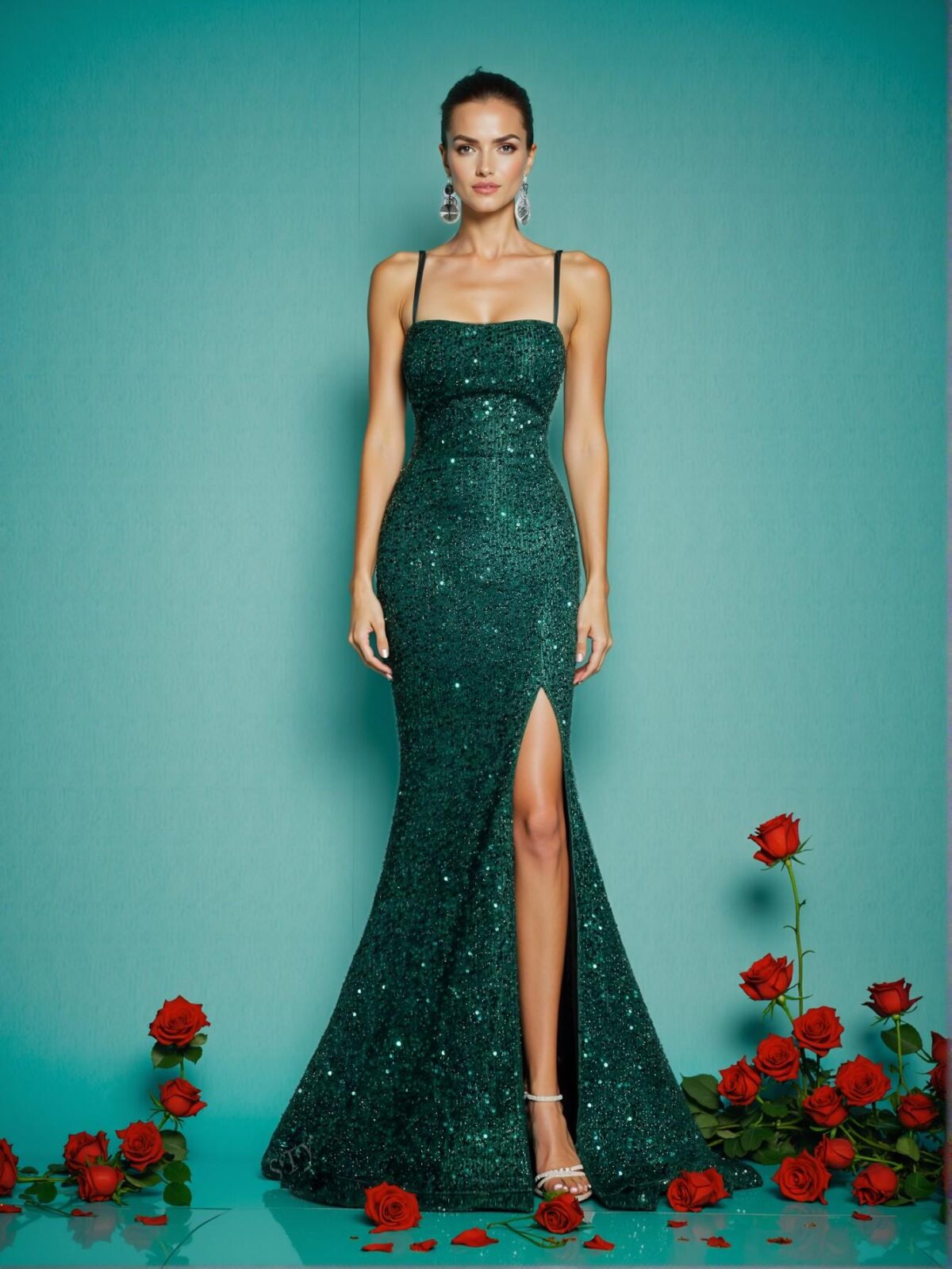 Elegant Dark Green Sequined Mermaid Dress with Backless Design and Dramatic Side Slit for Red Carpet Glamour and Luxury Evening Events. Perfect for party, prom, graduation day, and ceremony for university, college, and high school, Formal Evening Dinner Cocktail, Wedding Guest Gown, Chic, Classy and Trendy Fashion Style to Dress to Impress. - Image 3