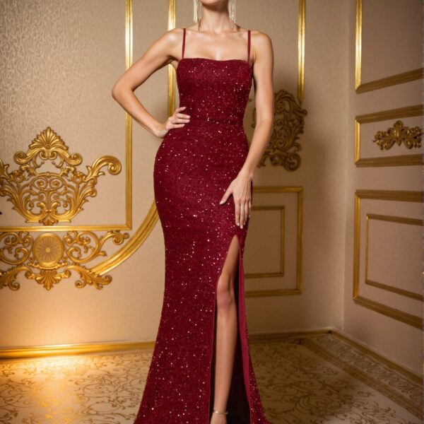 Elegant Burgundy Sequined Backless Mermaid Dress with Dramatic Side Slit and Thin Straps – A Stunning Glamour Piece for Red Carpet Events and Extravagant Evening Affairs. Perfect for party, prom, graduation day, and ceremony for university, college, and high school, Formal Evening Dinner Cocktail, Wedding Guest Gown, Chic, Classy and Trendy Fashion Style to Dress to Impress.