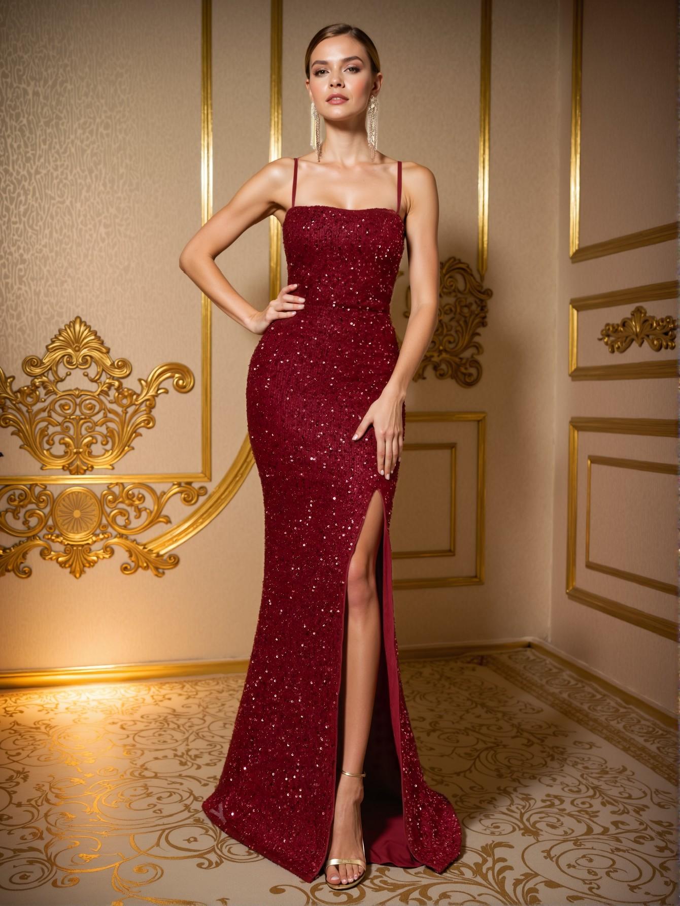 Elegant Burgundy Sequined Backless Mermaid Dress with Dramatic Side Slit and Thin Straps – A Stunning Glamour Piece for Red Carpet Events and Extravagant Evening Affairs. Perfect for party, prom, graduation day, and ceremony for university, college, and high school, Formal Evening Dinner Cocktail, Wedding Guest Gown, Chic, Classy and Trendy Fashion Style to Dress to Impress.