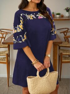 Elegant Navy Blue Stylish Plus Size Asymmetrical Mesh Patchwork Casual Tunic Dress Perfect for Vacations and Commuting in Spring and Summer - Chic, Classy, and Trendy Fashion Style to Dress to Impress