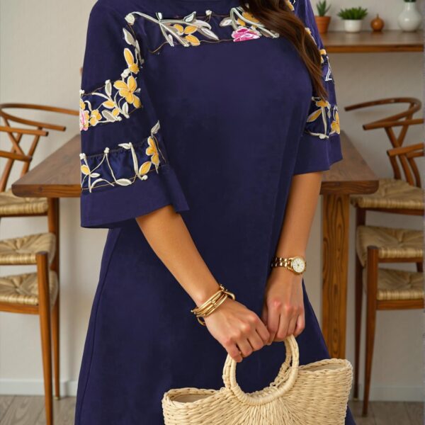 Elegant Navy Blue Stylish Plus Size Asymmetrical Mesh Patchwork Casual Tunic Dress Perfect for Vacations and Commuting in Spring and Summer - Chic, Classy, and Trendy Fashion Style to Dress to Impress