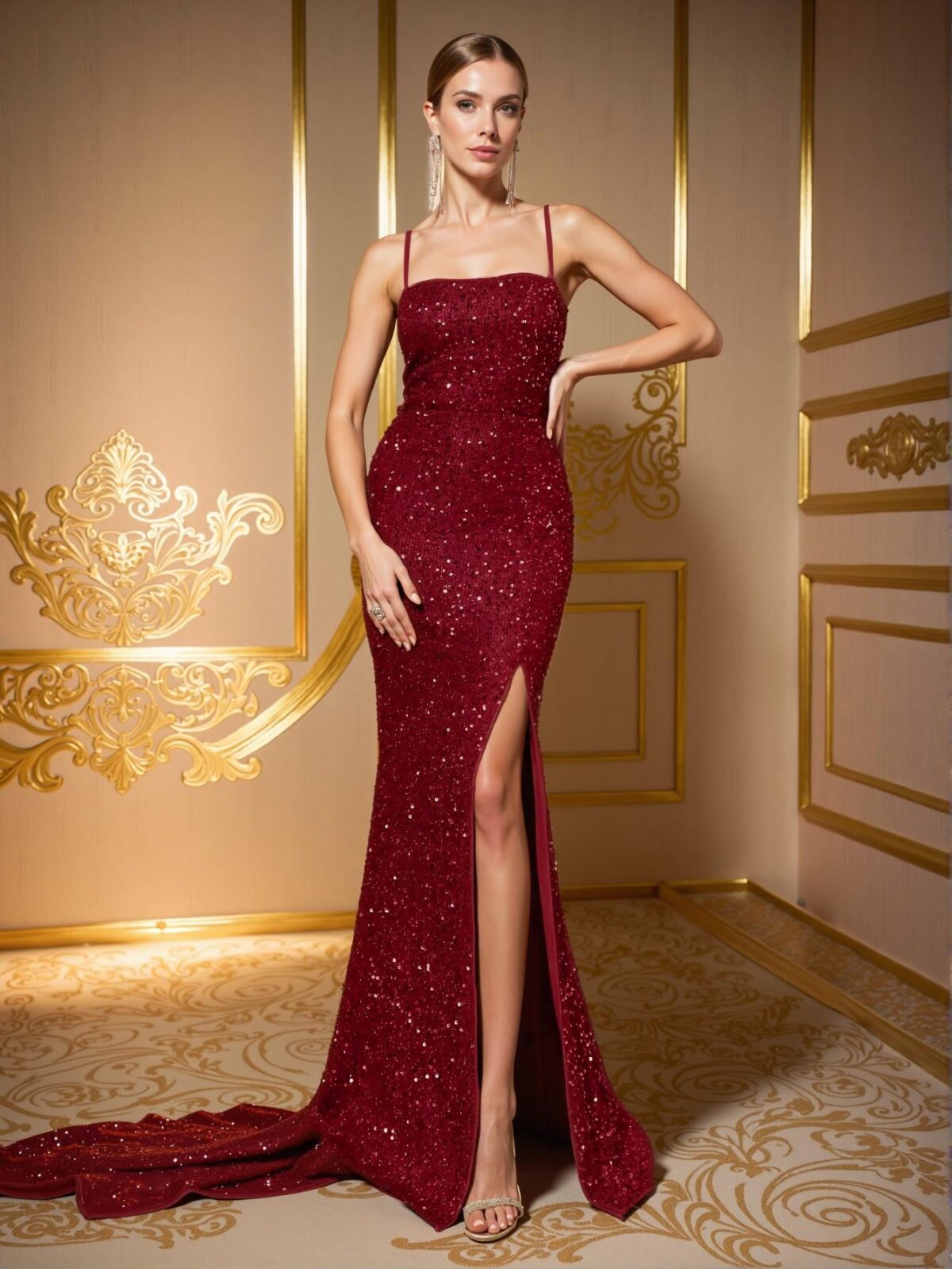 Elegant Burgundy Sequined Backless Mermaid Dress with Dramatic Side Slit and Thin Straps – A Stunning Glamour Piece for Red Carpet Events and Extravagant Evening Affairs. Perfect for party, prom, graduation day, and ceremony for university, college, and high school, Formal Evening Dinner Cocktail, Wedding Guest Gown, Chic, Classy and Trendy Fashion Style to Dress to Impress. - Image 3