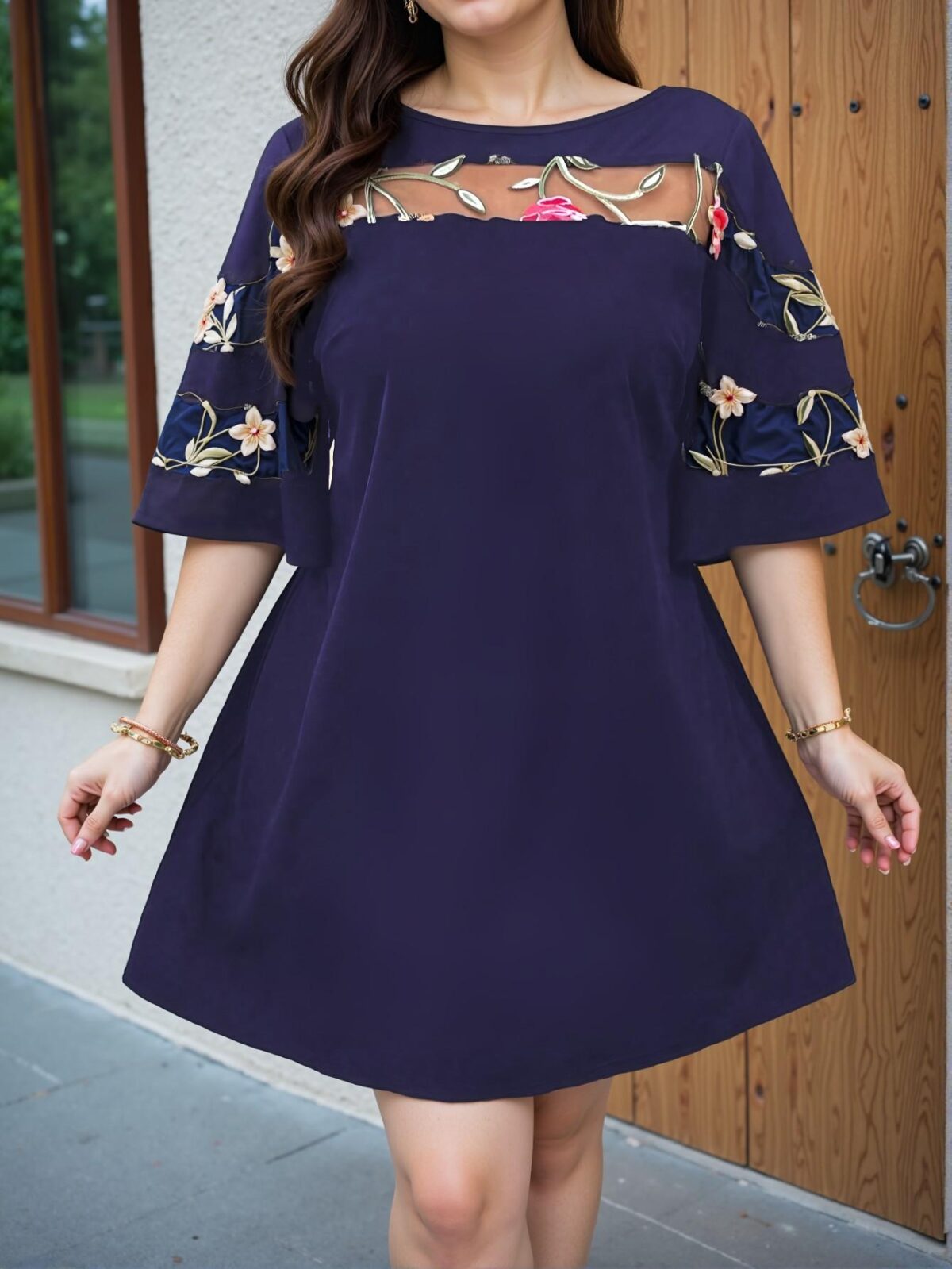 Elegant Navy Blue Stylish Plus Size Asymmetrical Mesh Patchwork Casual Tunic Dress Perfect for Vacations and Commuting in Spring and Summer - Chic, Classy, and Trendy Fashion Style to Dress to Impress - Image 3