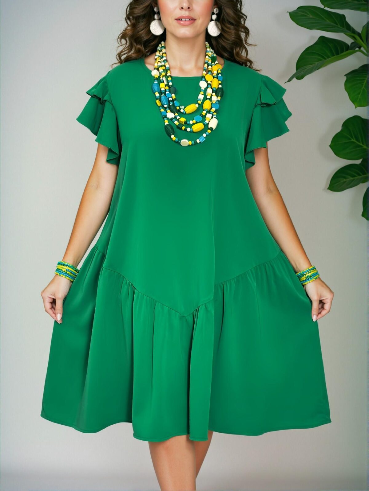 Elegant Green Romantic A-Line Knee Length Dress with Ruffle Sleeves and Flounce Hem for Casual Spring and Summer Vacations - Chic, Classy and Trendy Fashion Style to Dress to Impress