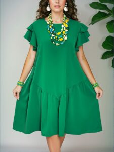 Elegant Green Romantic A-Line Knee Length Dress with Ruffle Sleeves and Flounce Hem for Casual Spring and Summer Vacations - Chic, Classy and Trendy Fashion Style to Dress to Impress